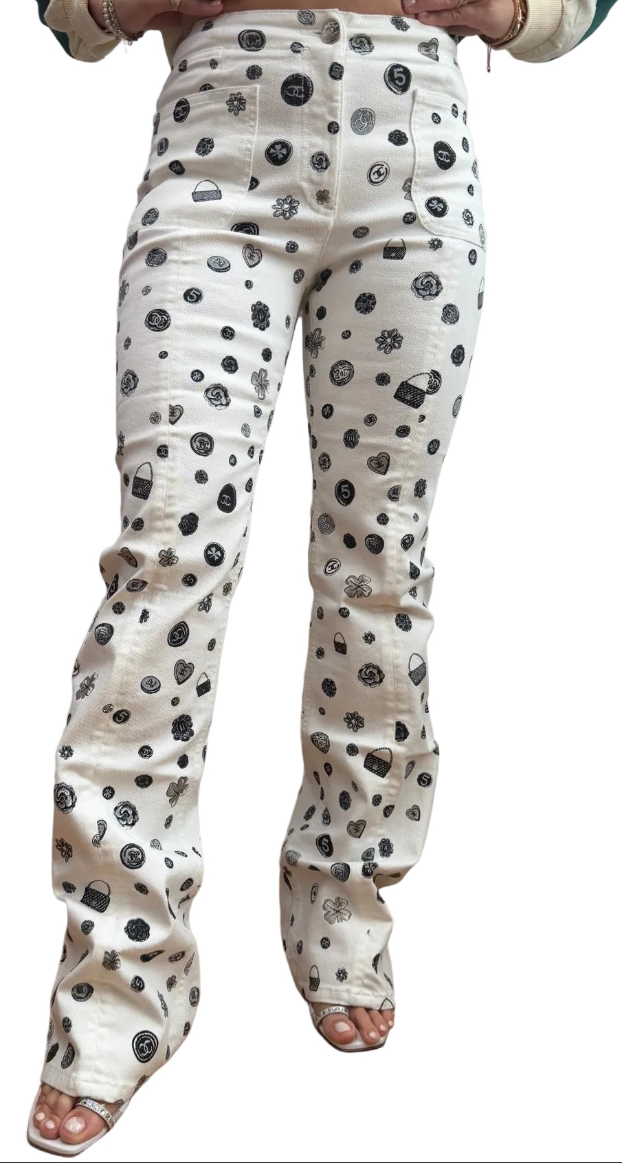 CHANEL White Denim Jeans with Black Charms Logos