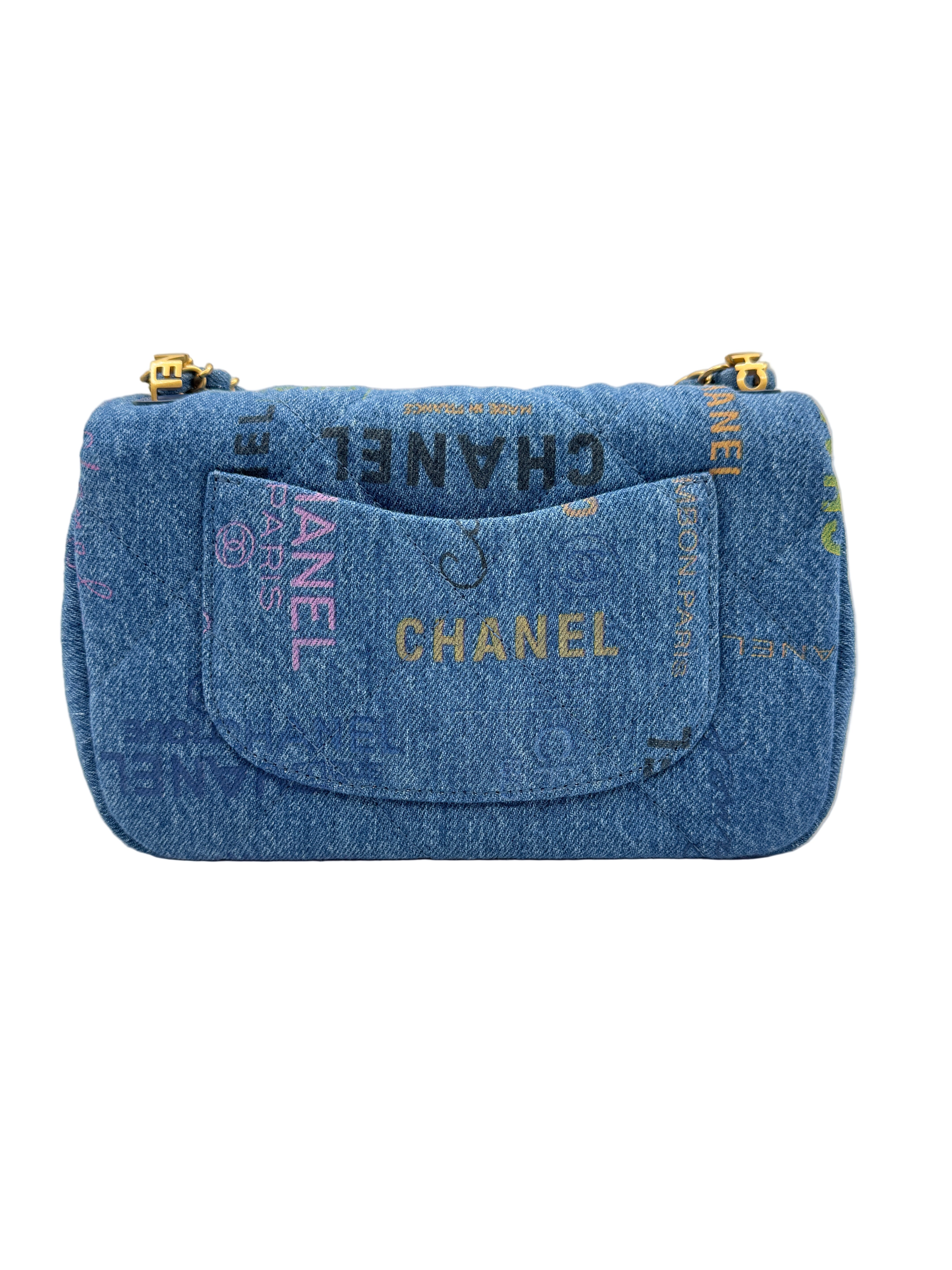 Chanel Blue Denim Mini Flap Bag With Multicolor Logos