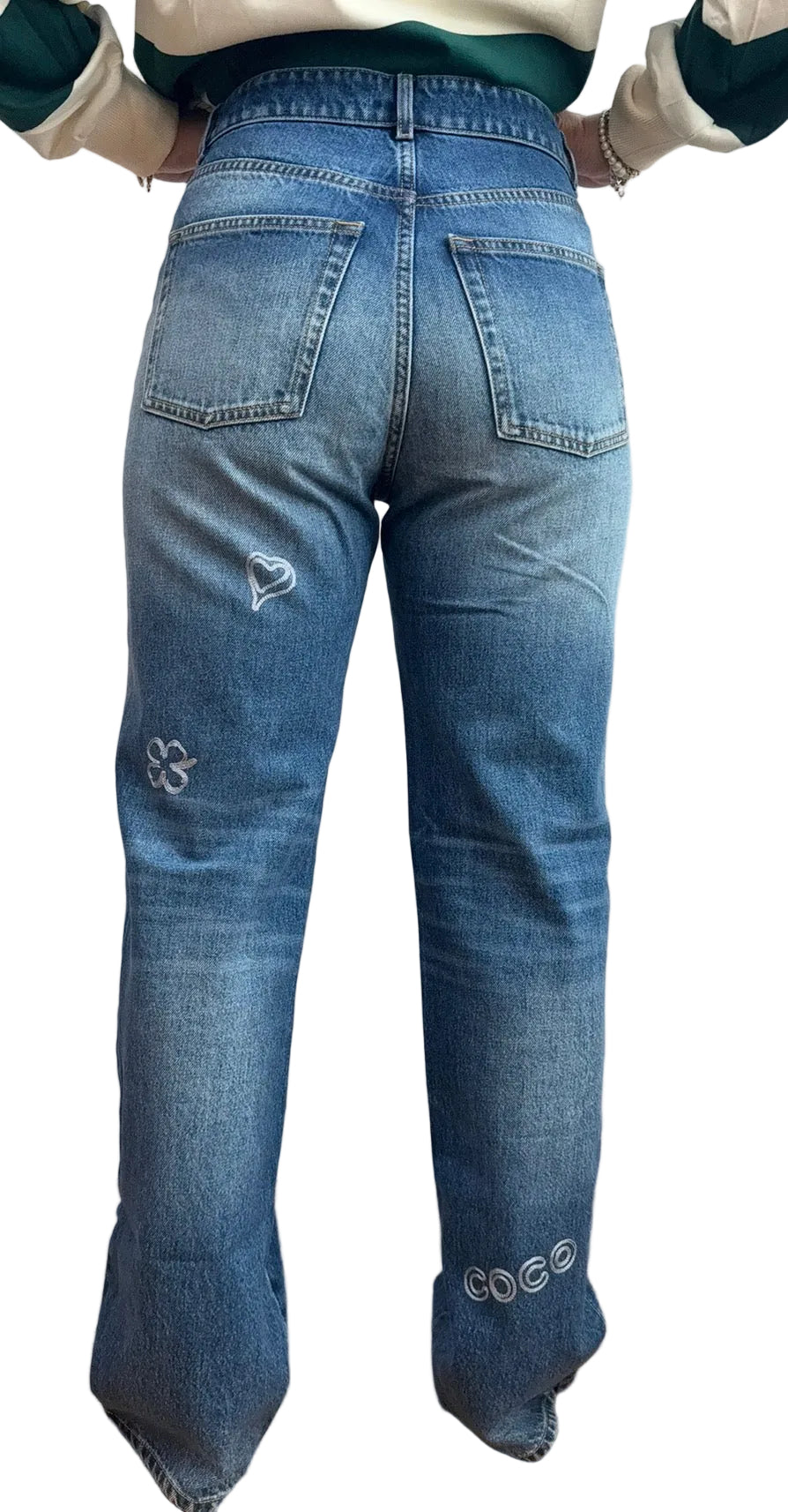 Chanel Blue Denim Jeans with Heart Embroidery