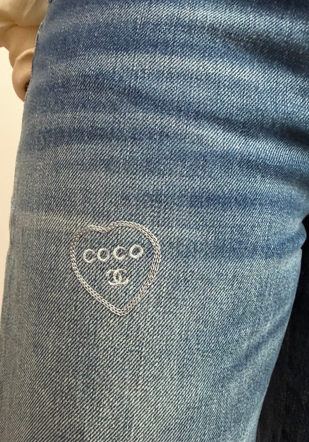 Chanel Blue Denim Jeans with Heart Embroidery