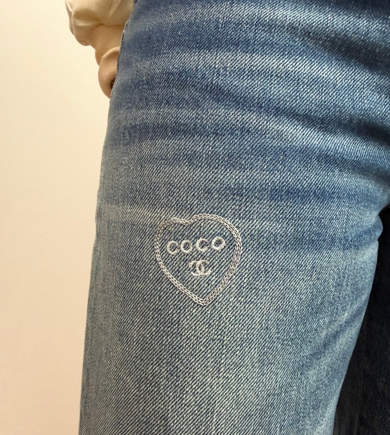 Chanel Blue Denim Jeans with Heart Embroidery