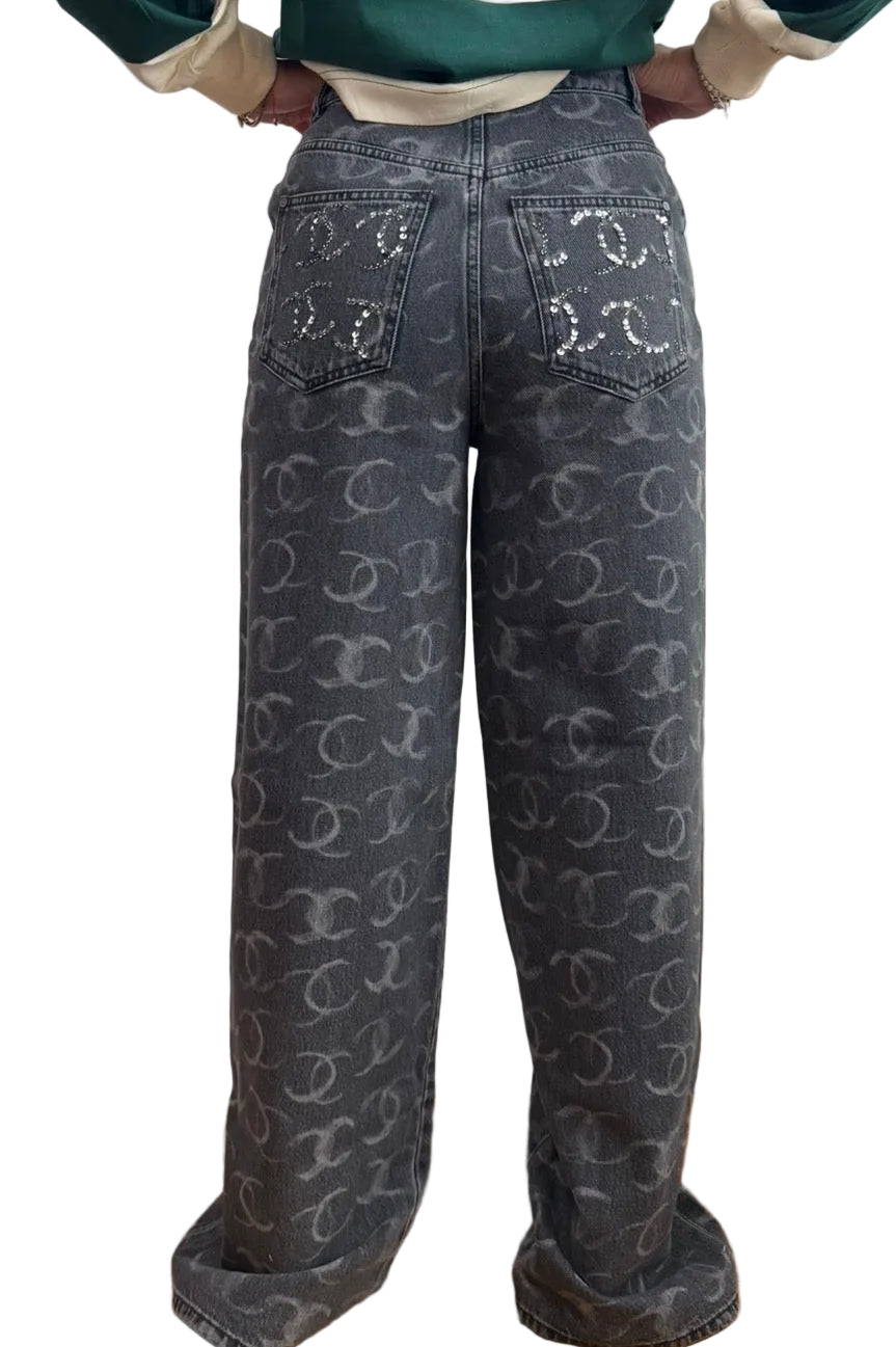 Chanel Black Denim Wide Leg Jeans with CC Logos