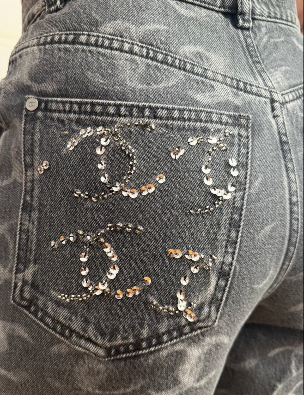 Chanel Black Denim Wide Leg Jeans with CC Logos