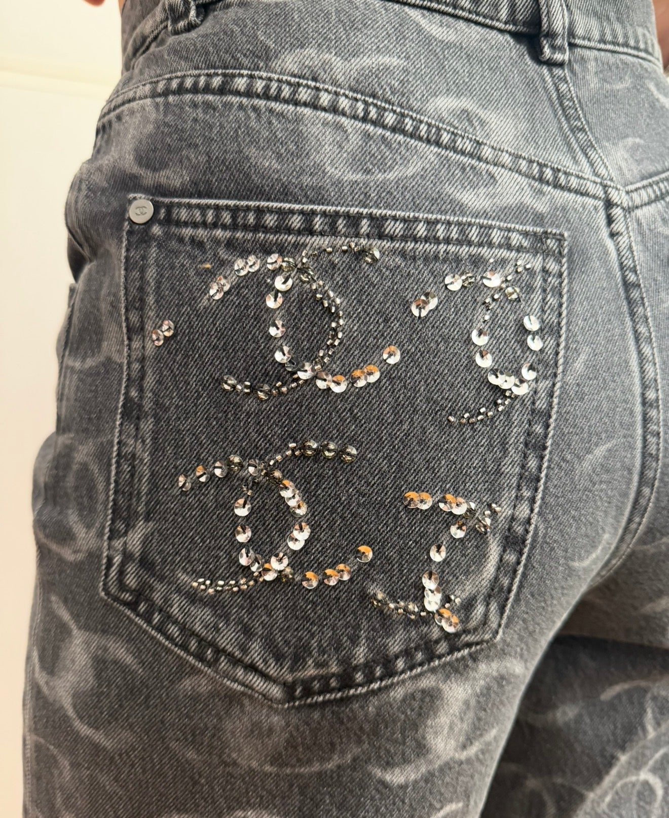 Chanel Black Denim Wide Leg Jeans with CC Logos