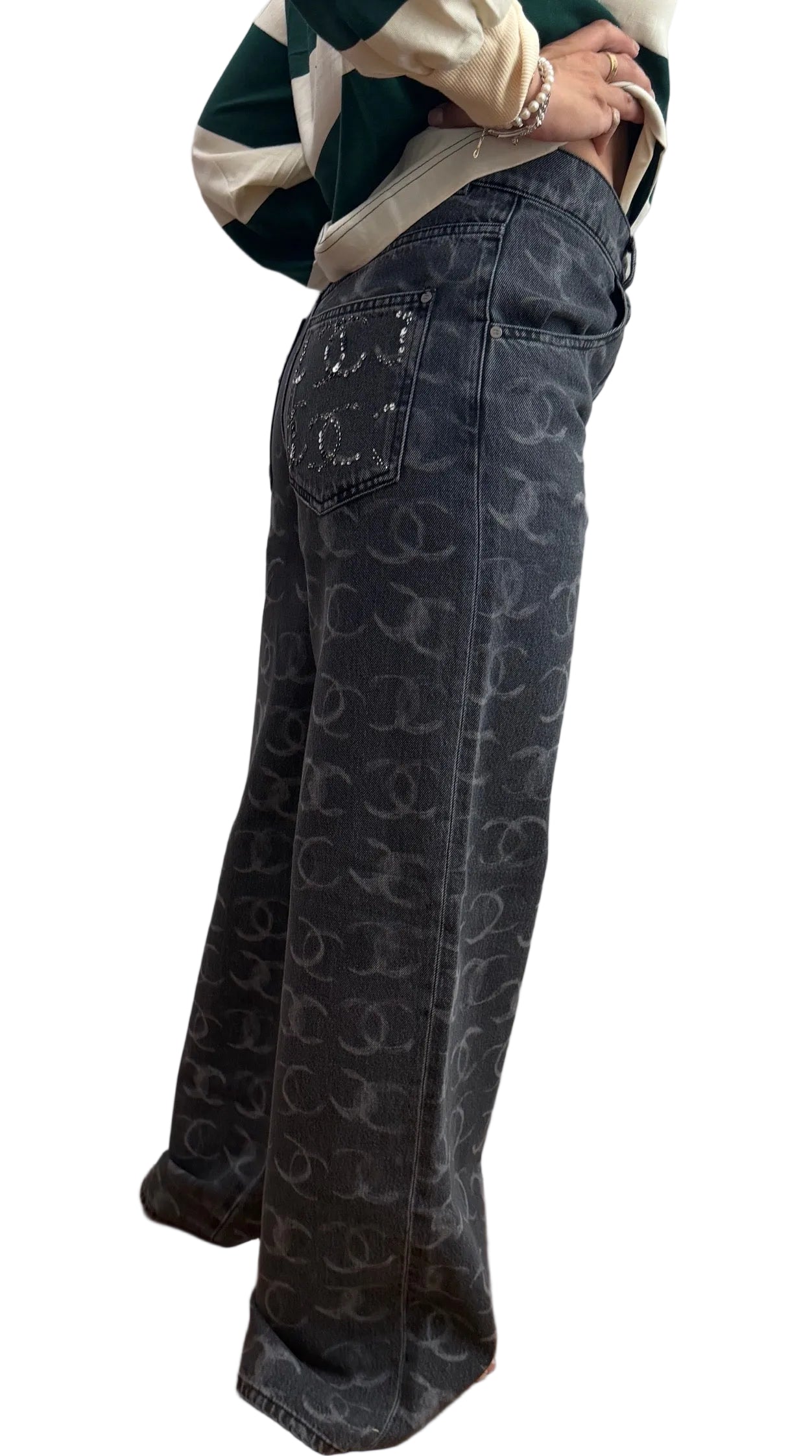 Chanel Black Denim Wide Leg Jeans with CC Logos