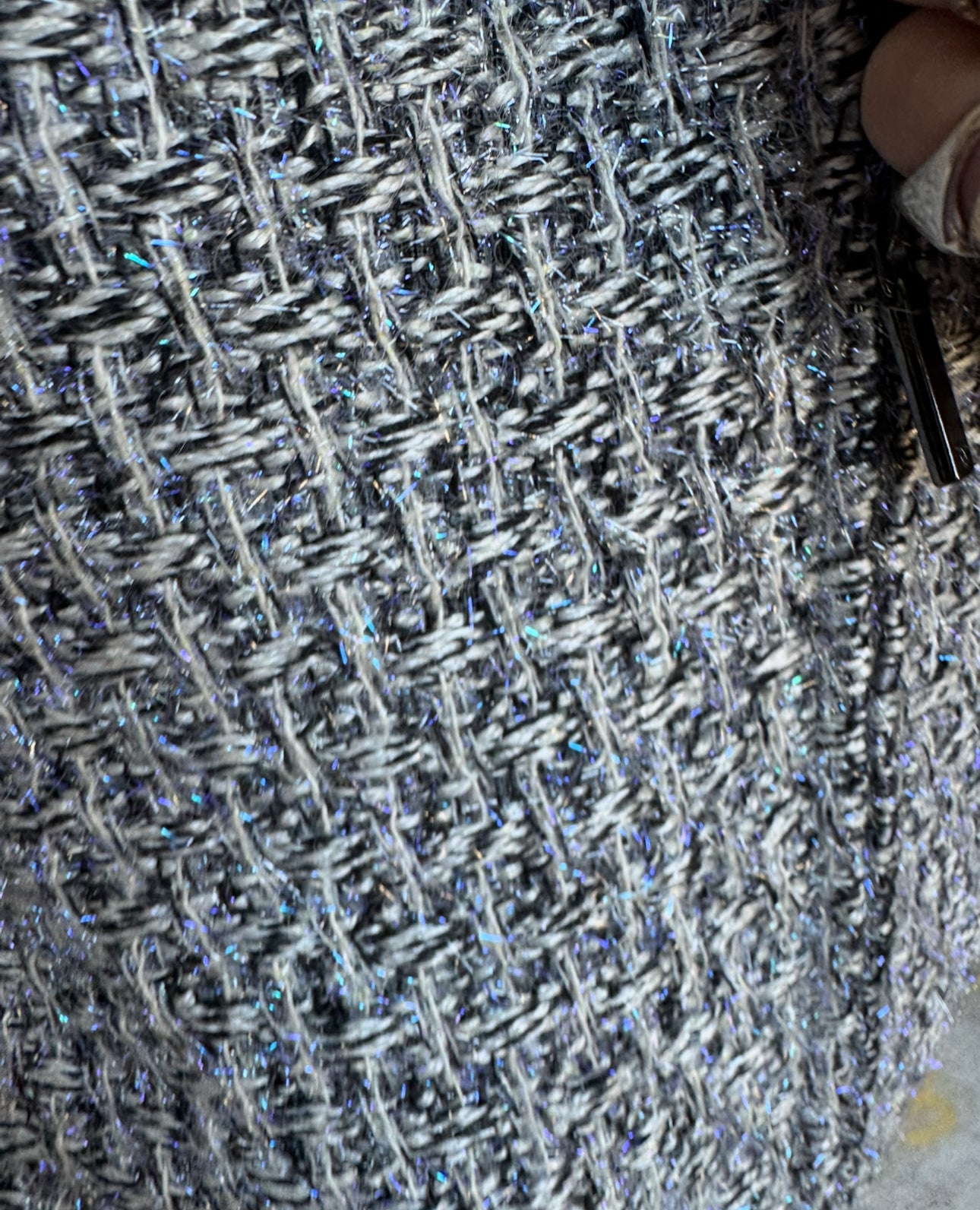 CHANEL Fantasy Tweed Jacket Gray and Metallic Blue