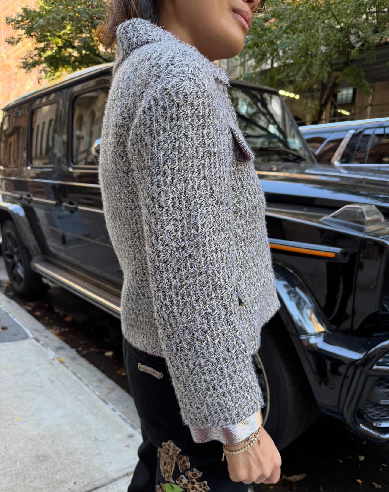 CHANEL Fantasy Tweed Jacket Gray and Metallic Blue