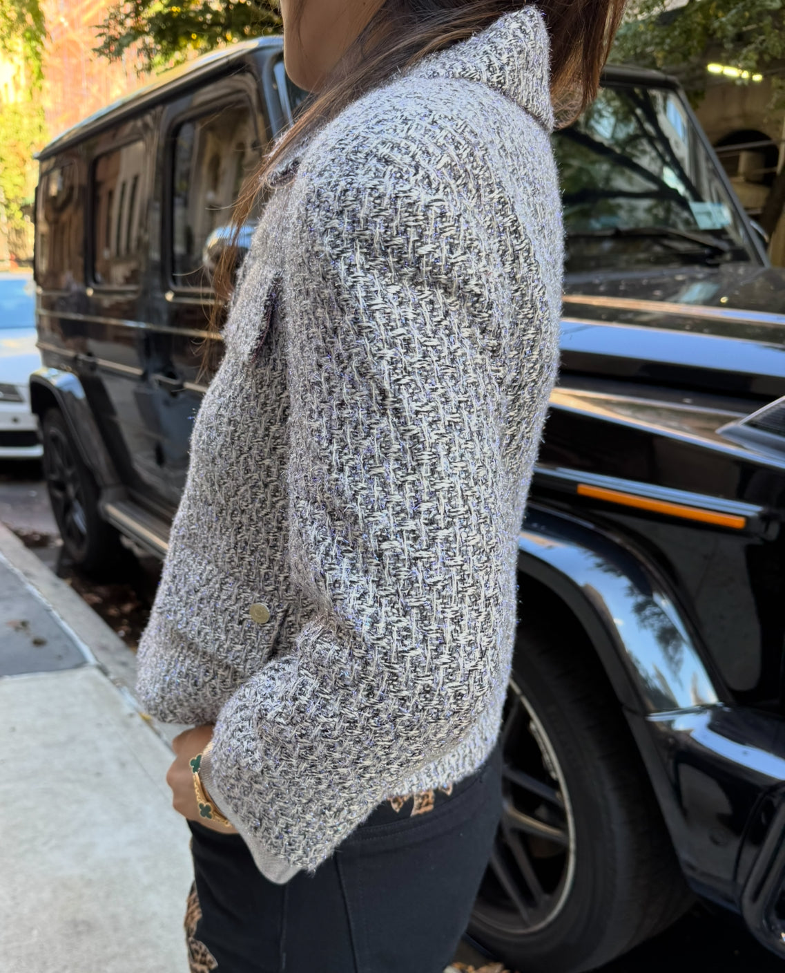 CHANEL Fantasy Tweed Jacket Gray and Metallic Blue