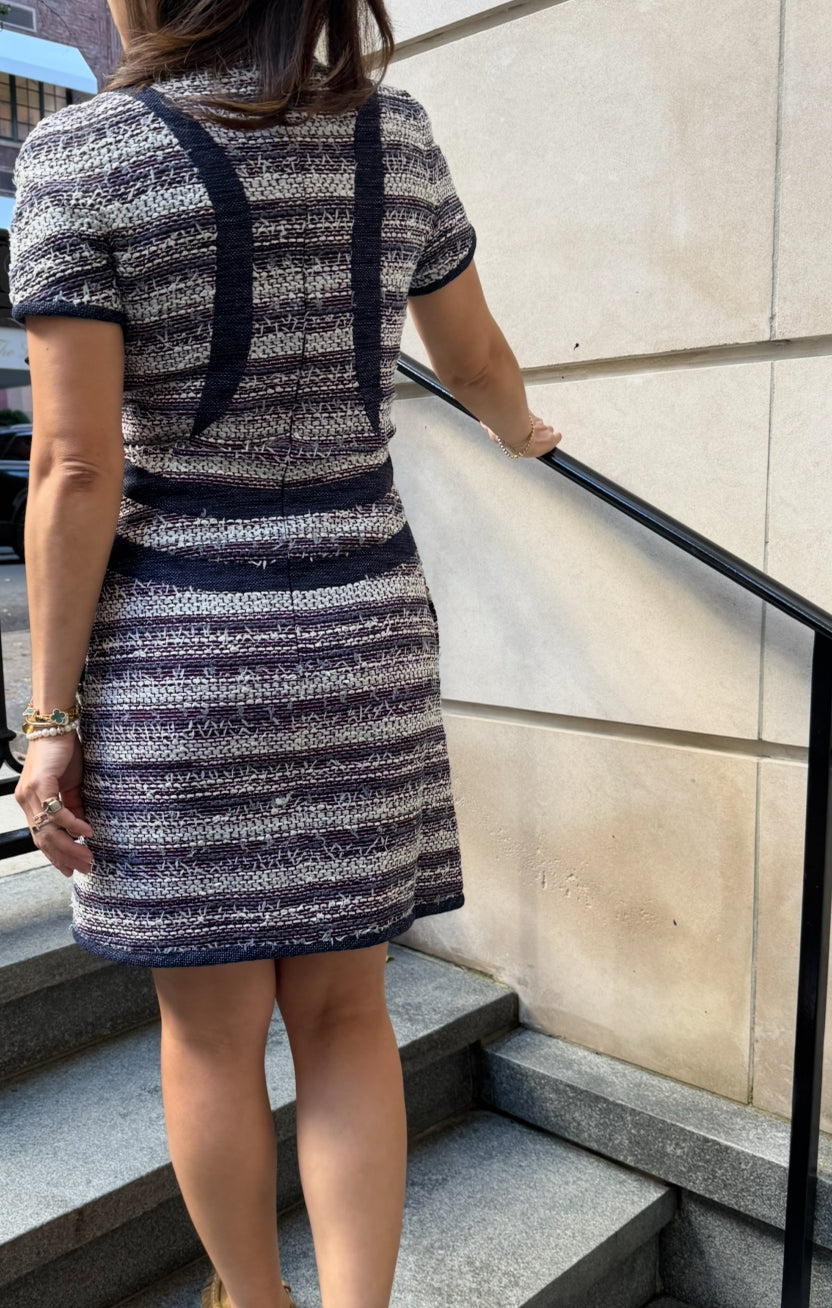 CHANEL Blue White Tweed Short Sleeve Dress