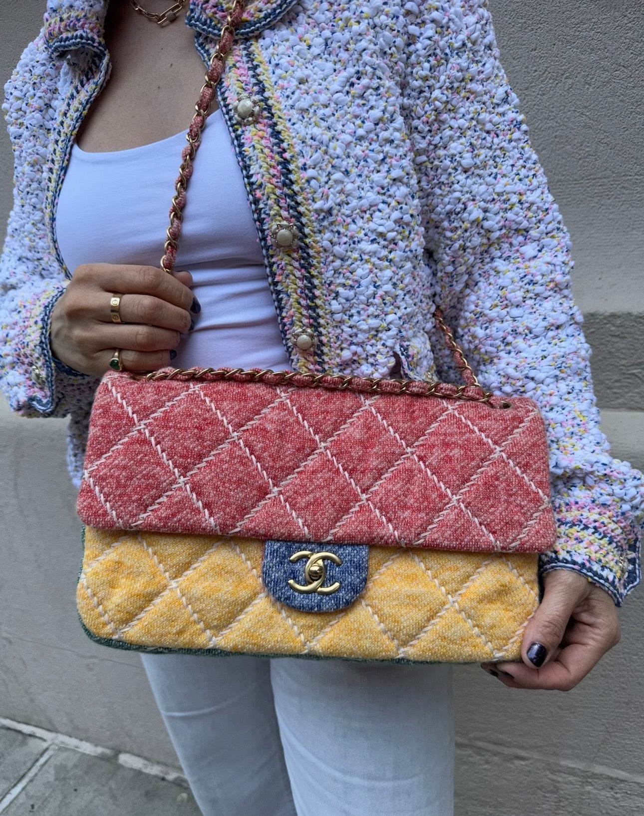 Chanel Color Block Quilted Jersey Fabric Large Flapbag