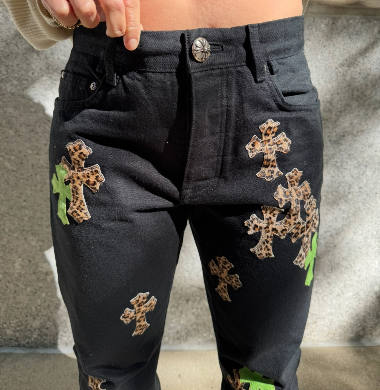 Chrome Hearts Black Jeans with Green and Leopard Print Cross Patches