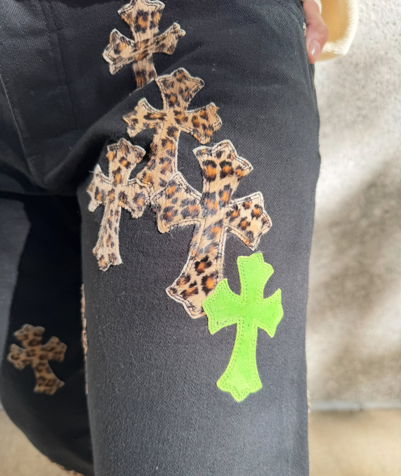 Chrome Hearts Black Jeans with Green and Leopard Print Cross Patches