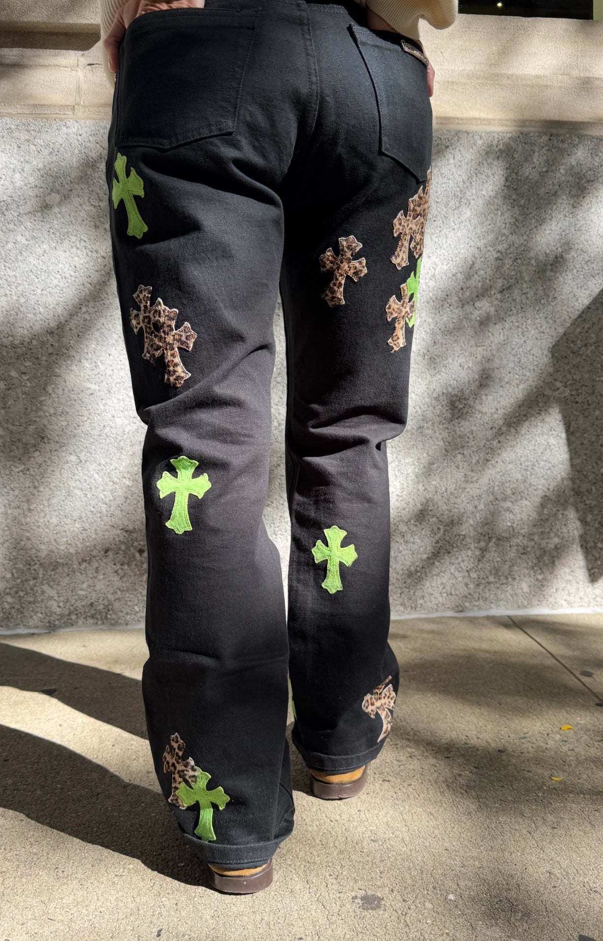Chrome Hearts Black Jeans with Green and Leopard Print Cross Patches