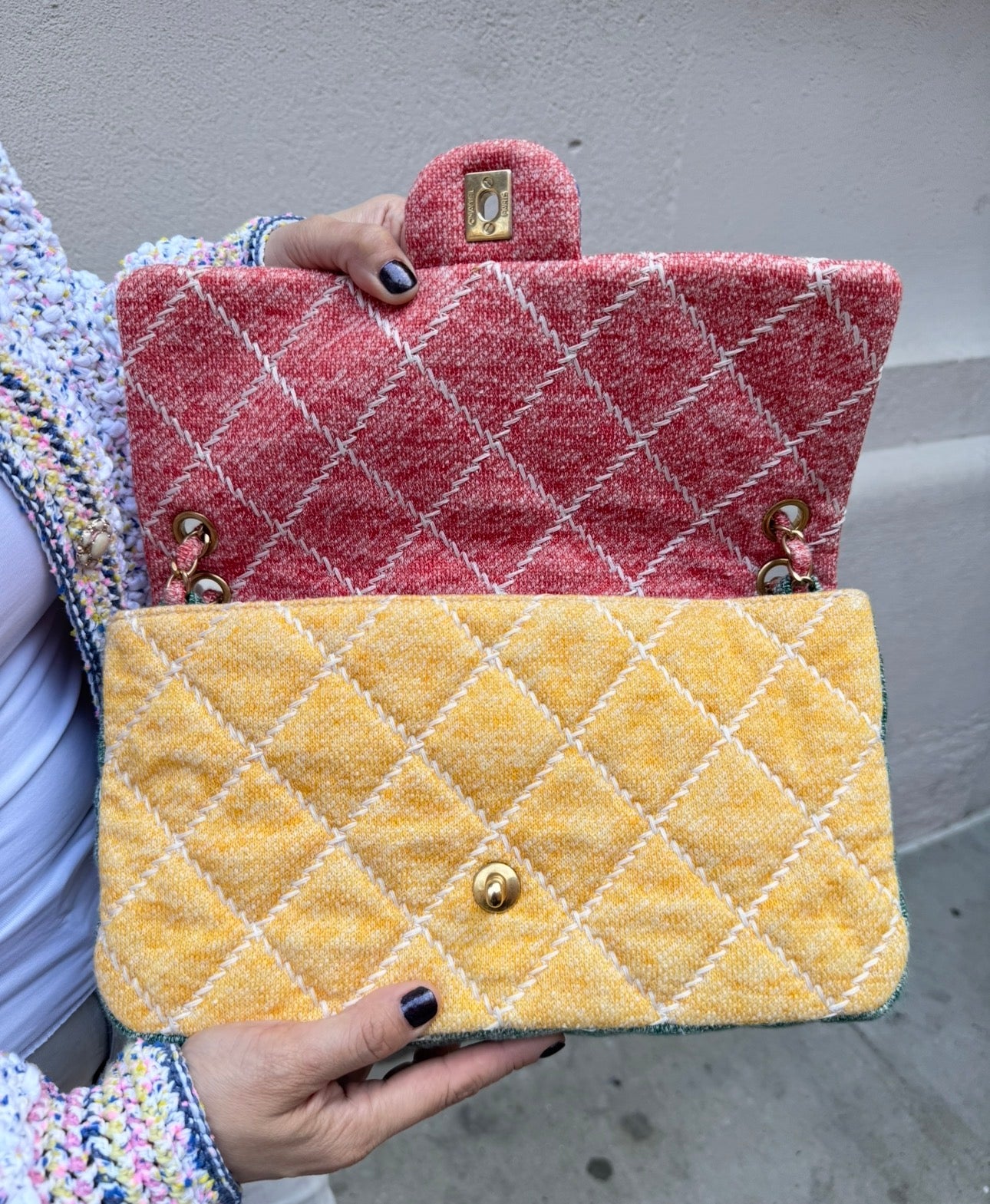 Chanel Color Block Quilted Jersey Fabric Large Flapbag