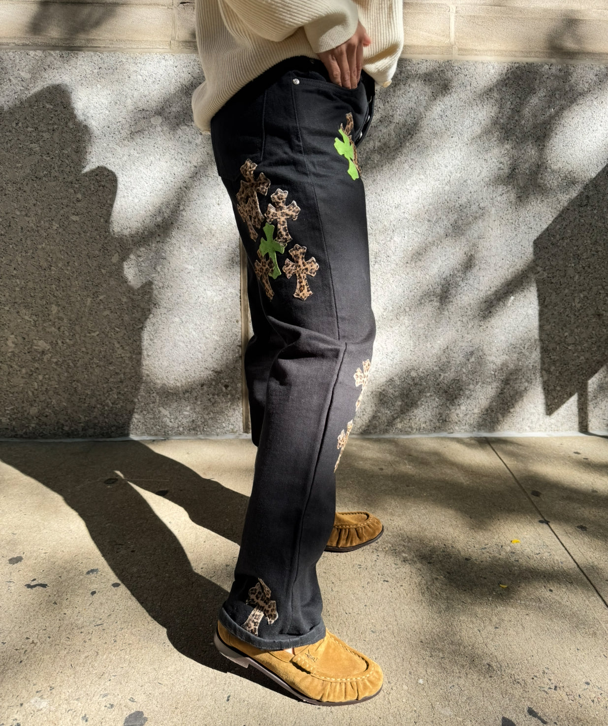 Chrome Hearts Black Jeans with Green and Leopard Print Cross Patches