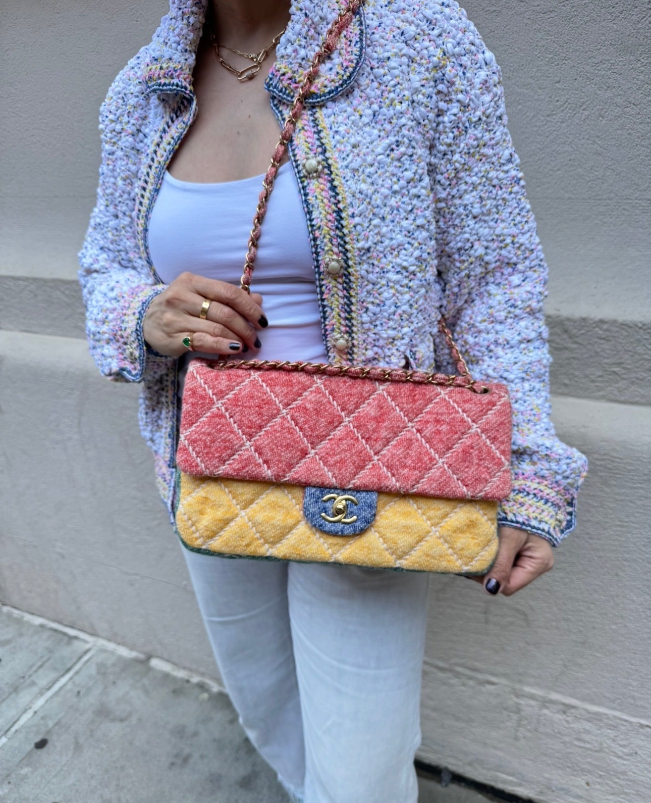 Chanel Color Block Quilted Jersey Fabric Large Flapbag