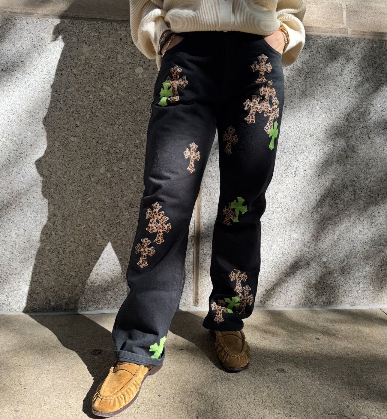 Chrome Hearts Black Jeans with Green and Leopard Print Cross Patches