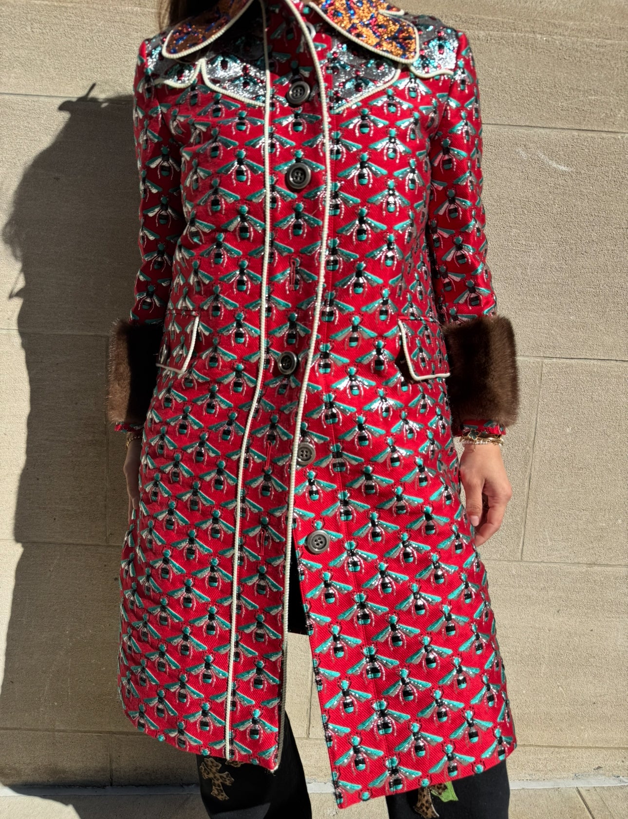 GUCCI Metallic Multicolor Coat with Bees and Mink on Cuffs