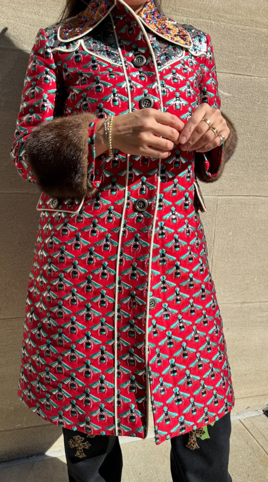 GUCCI Metallic Multicolor Coat with Bees and Mink on Cuffs