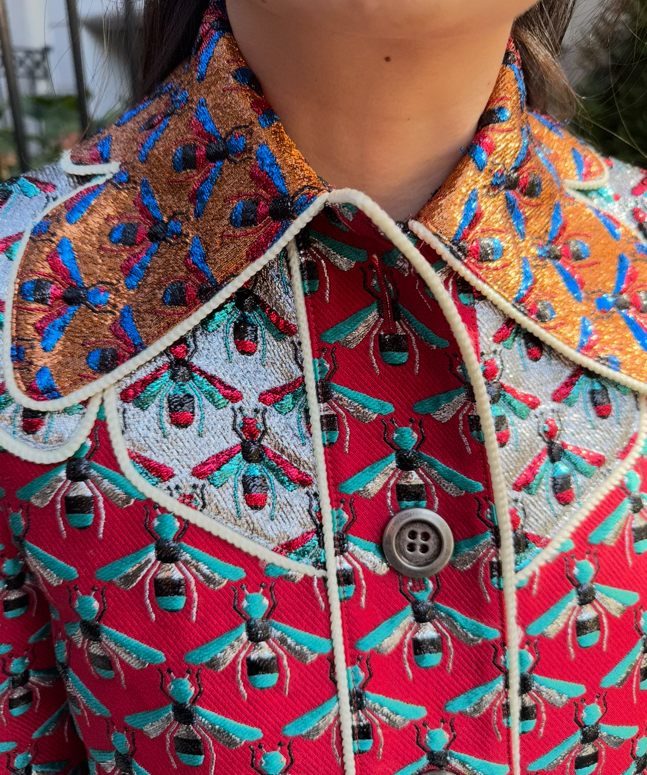 GUCCI Metallic Multicolor Coat with Bees and Mink on Cuffs