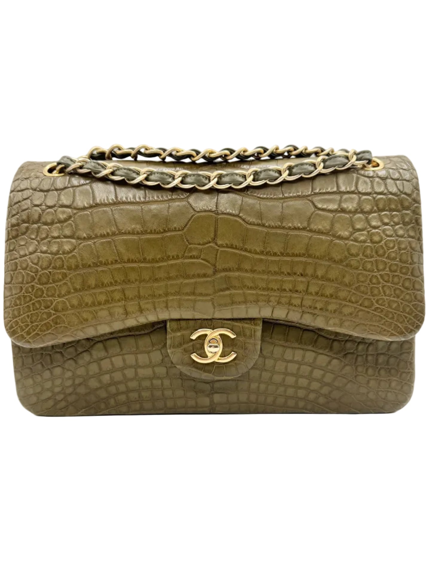 Chanel Matte Khaki Green Alligator Classic Double Flapbag