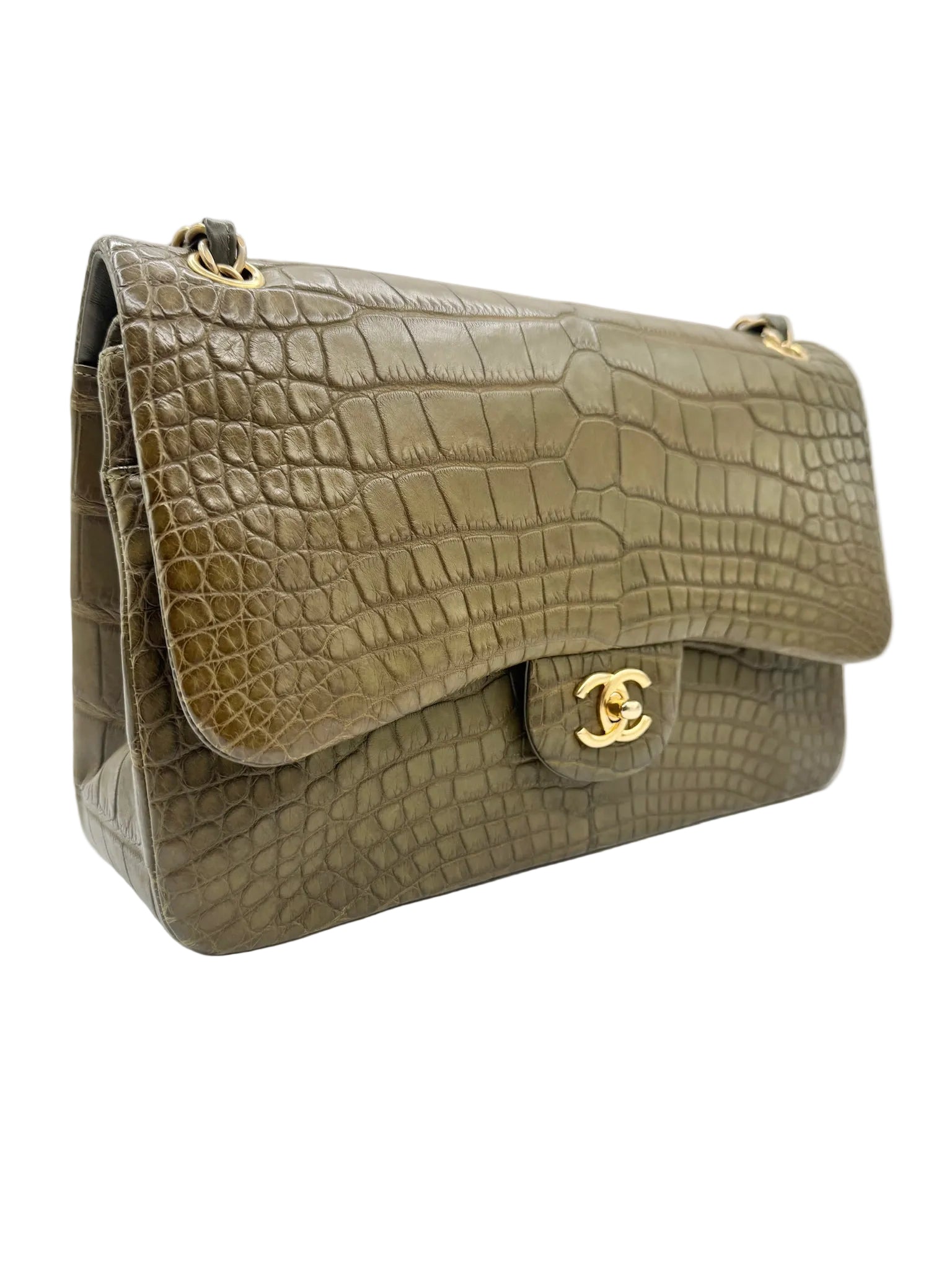 Chanel Matte Khaki Green Alligator Classic Double Flapbag