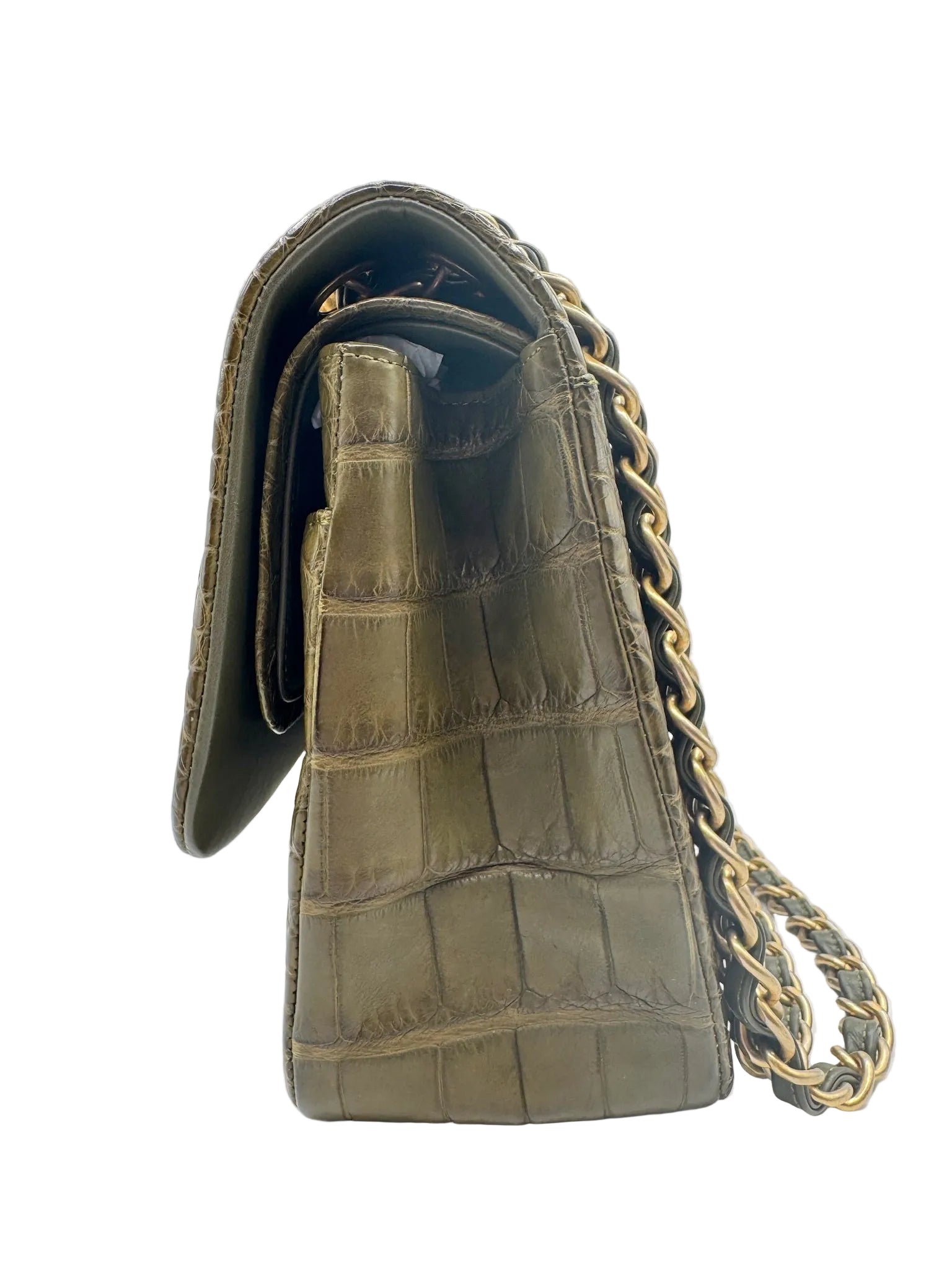 Chanel Matte Khaki Green Alligator Classic Double Flapbag