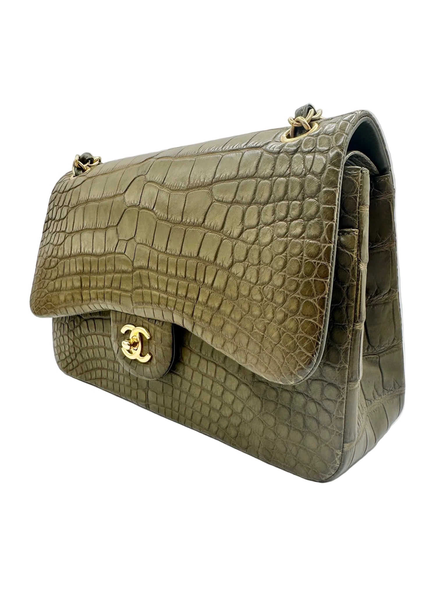 Chanel Matte Khaki Green Alligator Classic Double Flapbag