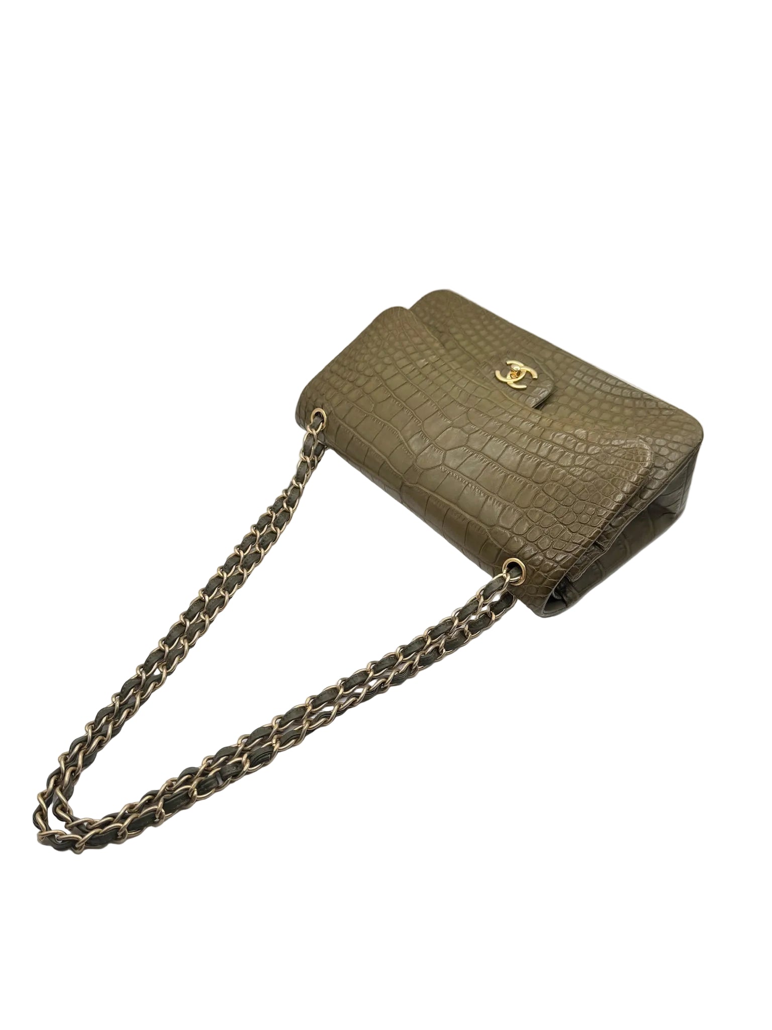 Chanel Matte Khaki Green Alligator Classic Double Flapbag