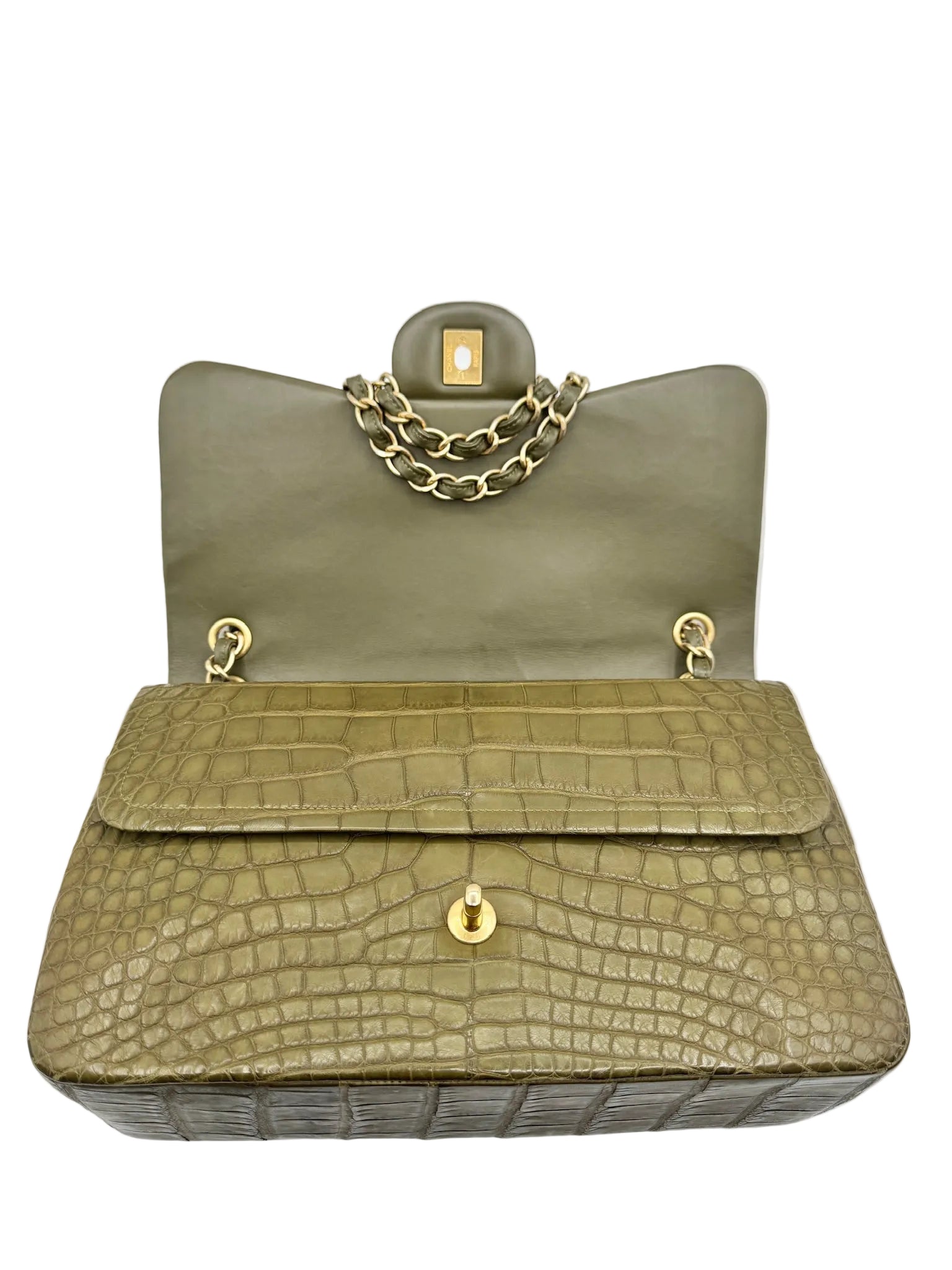 Chanel Matte Khaki Green Alligator Classic Double Flapbag