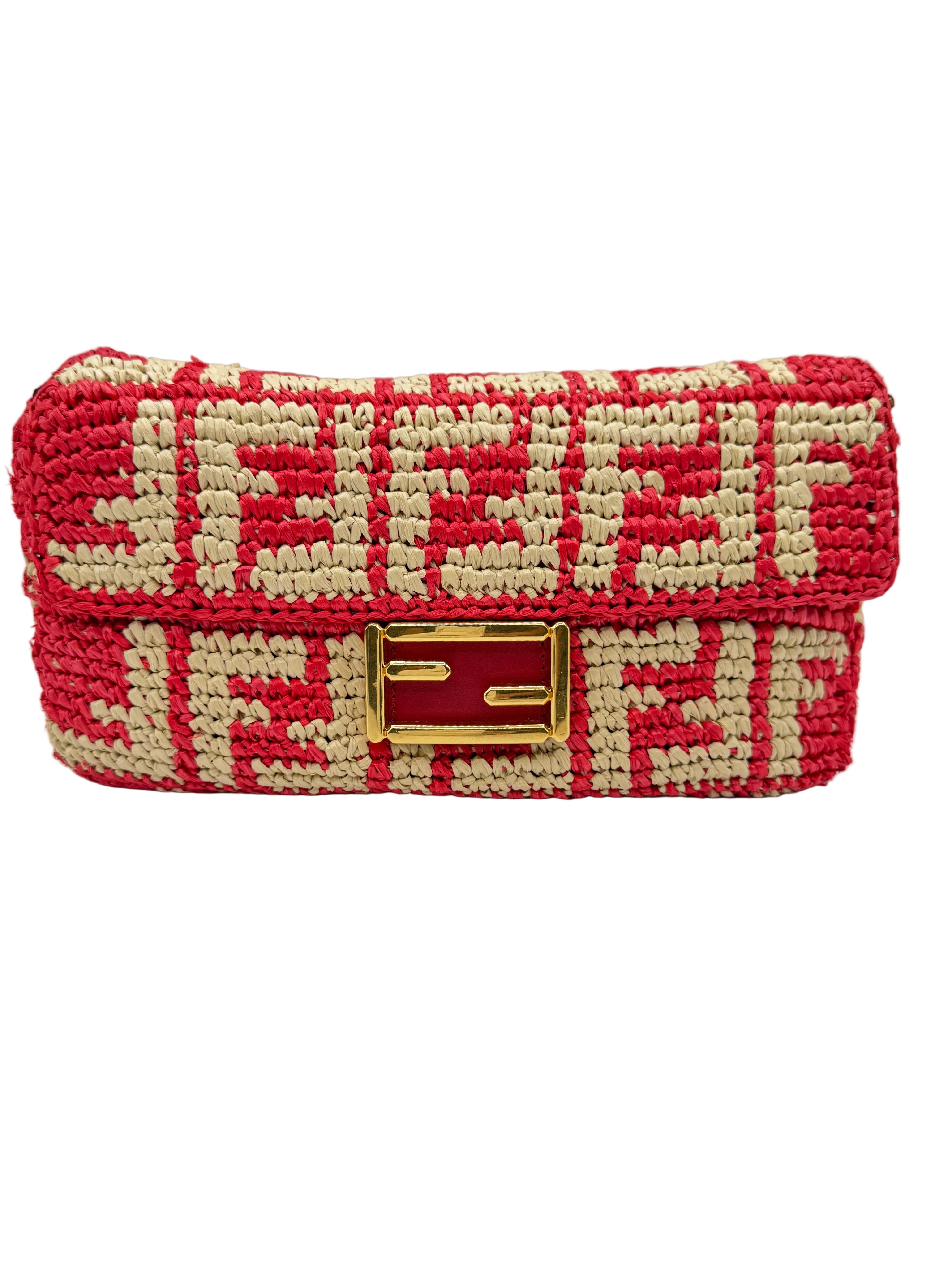 Fendi Red and Beige FF Raffia Baguette