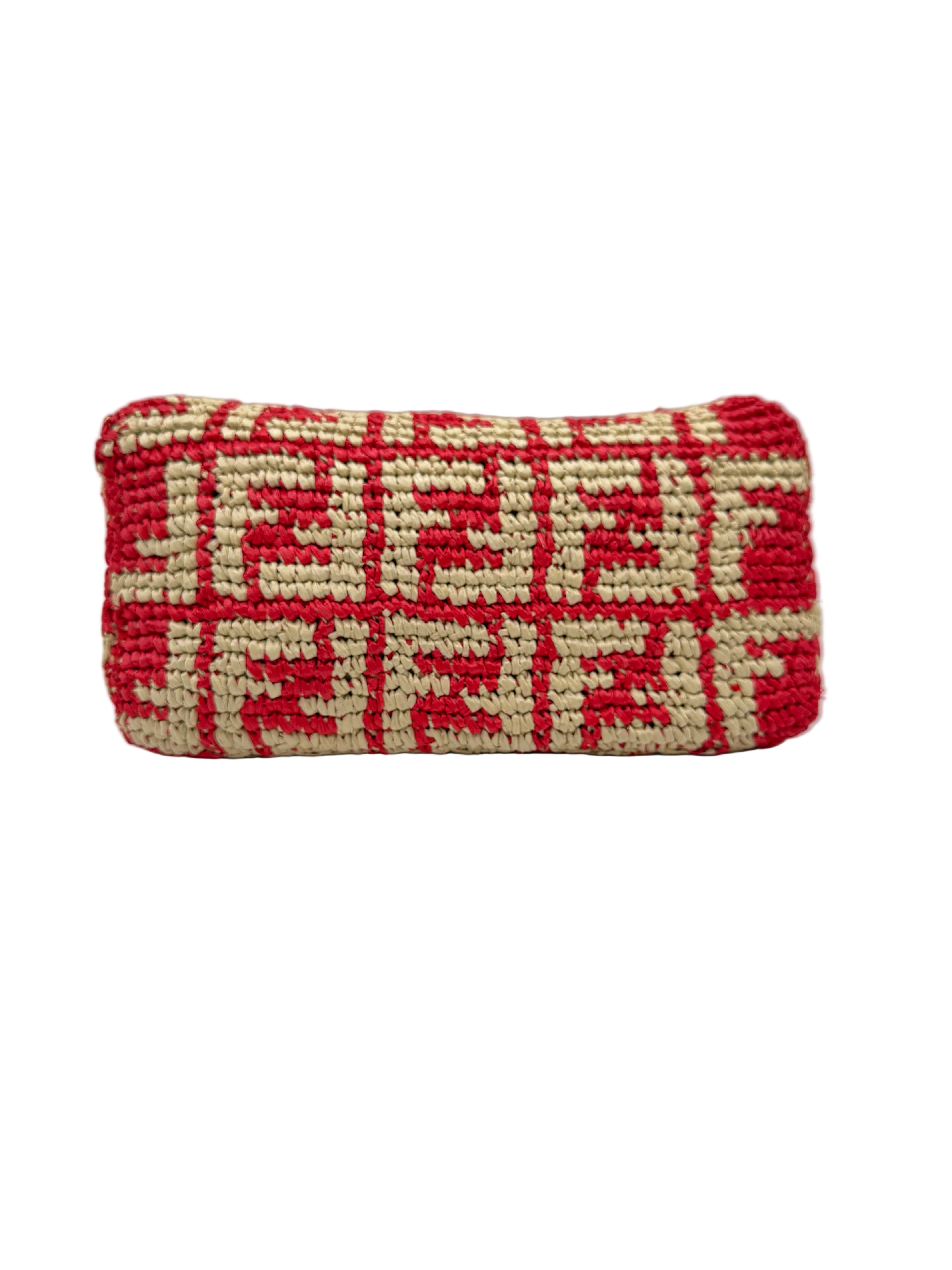 Fendi Red and Beige FF Raffia Baguette