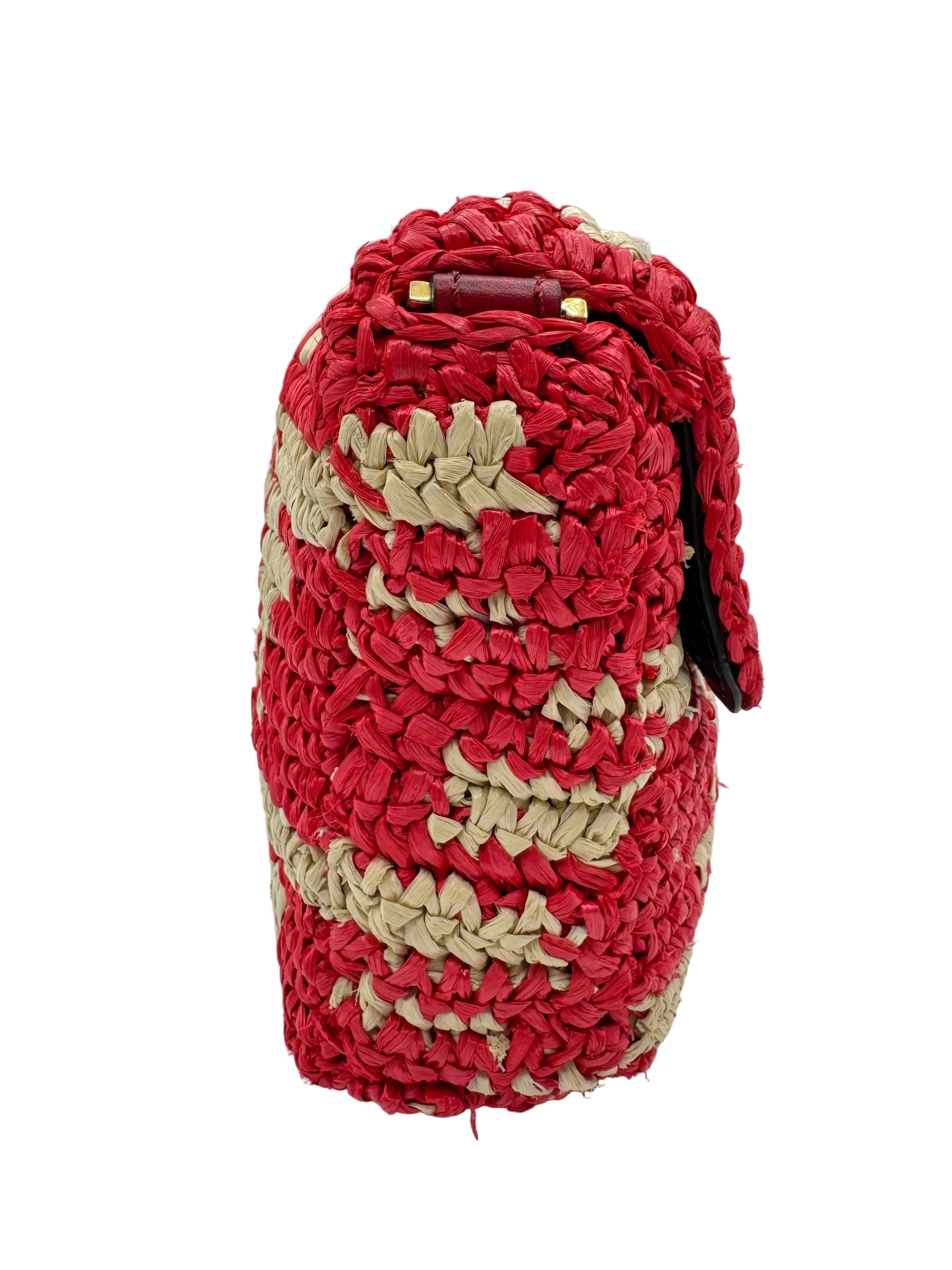 Fendi Red and Beige FF Raffia Baguette