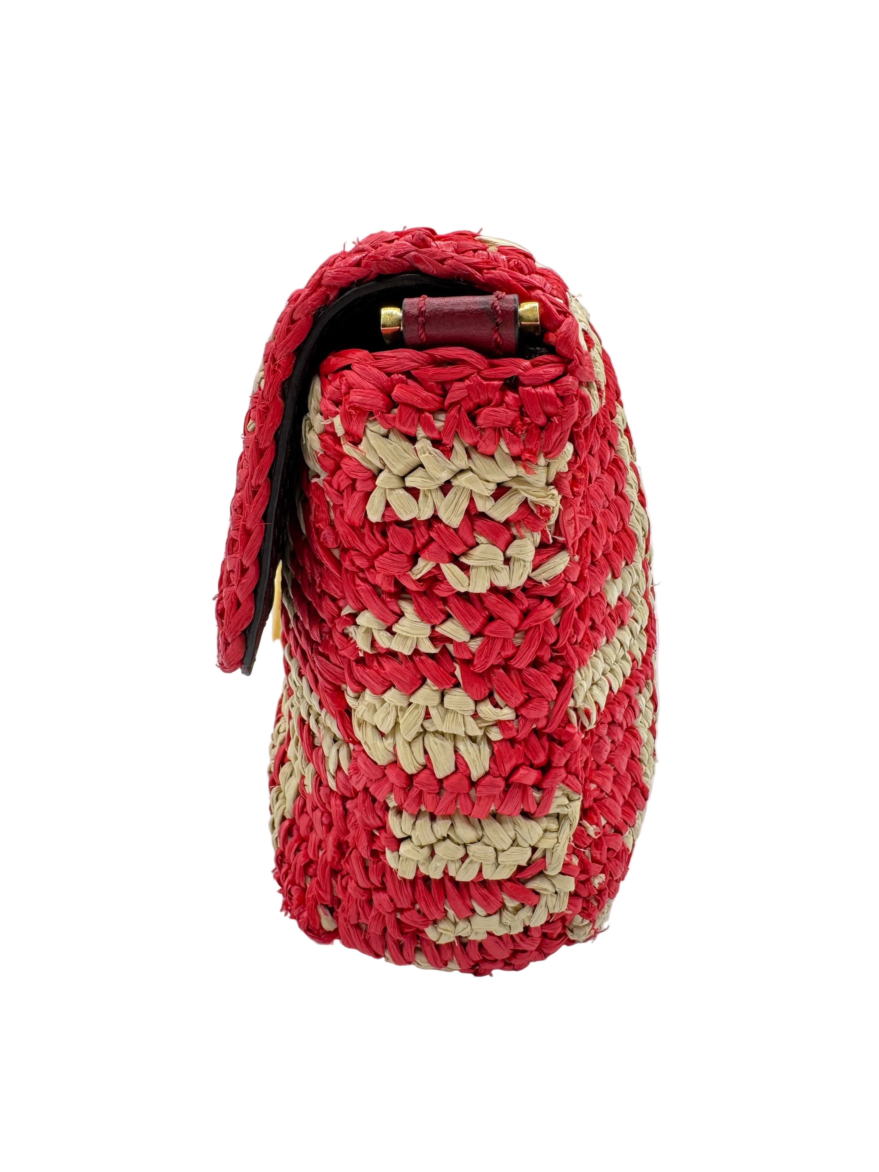 Fendi Red and Beige FF Raffia Baguette
