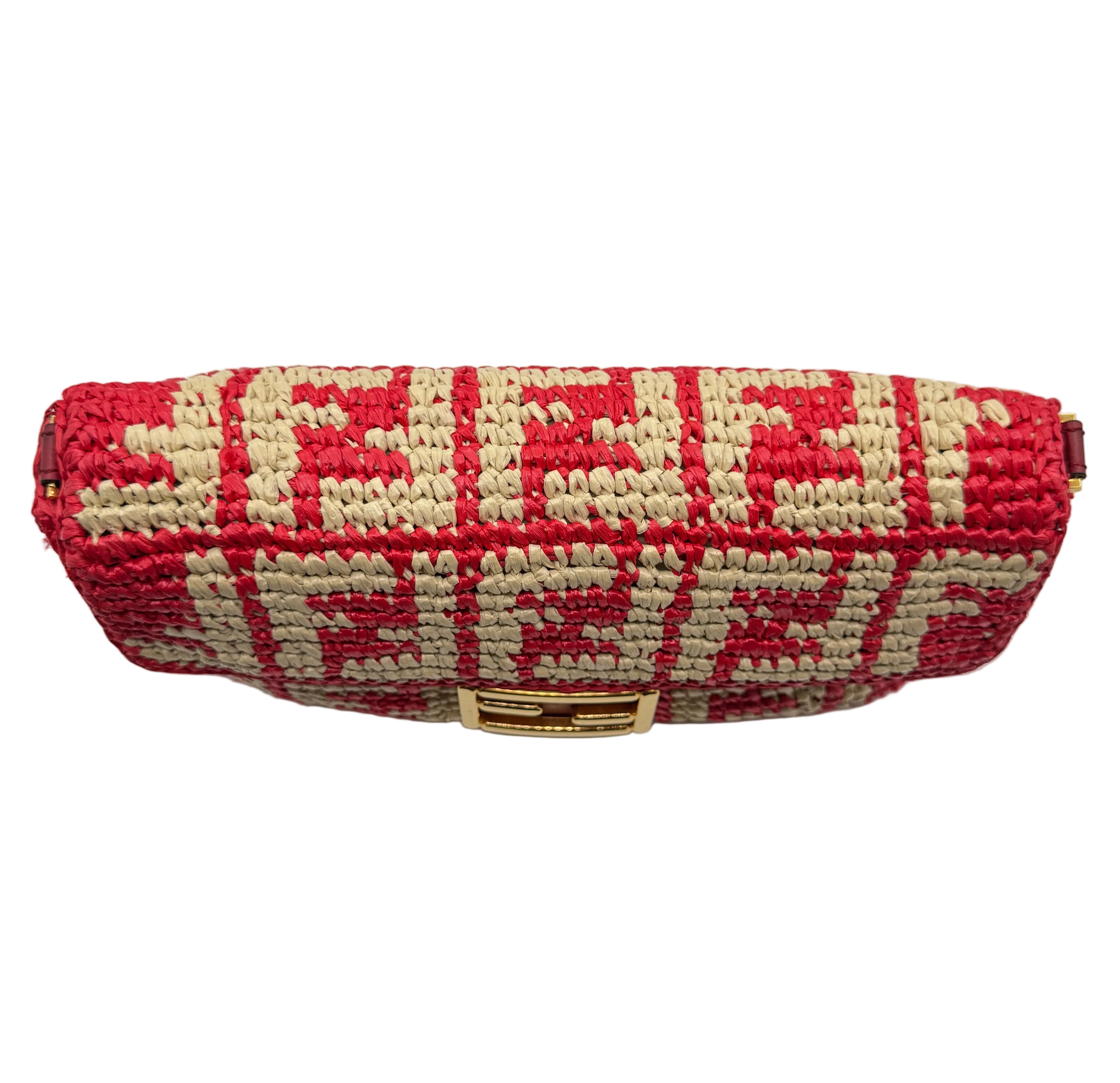 Fendi Red and Beige FF Raffia Baguette