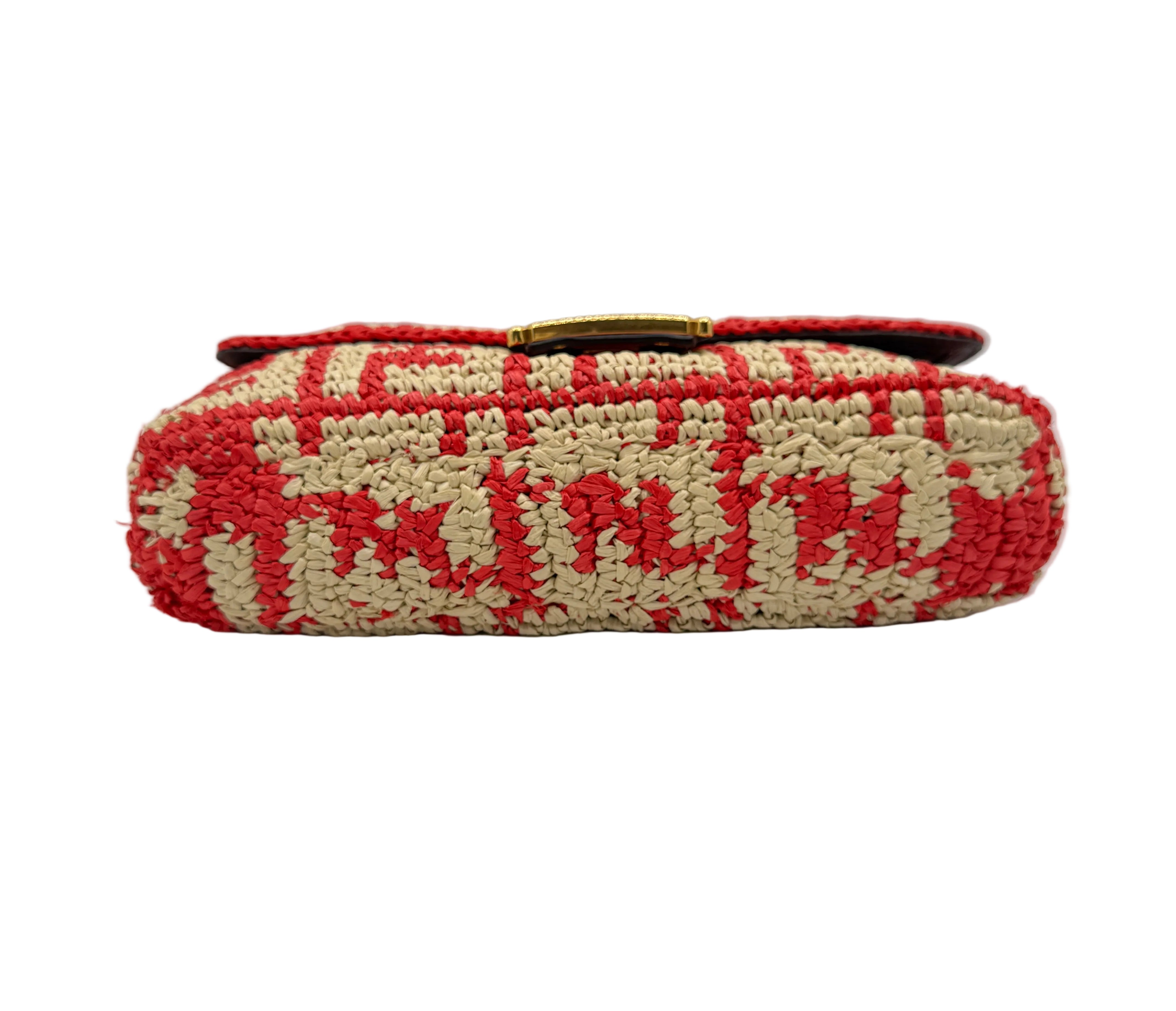 Fendi Red and Beige FF Raffia Baguette