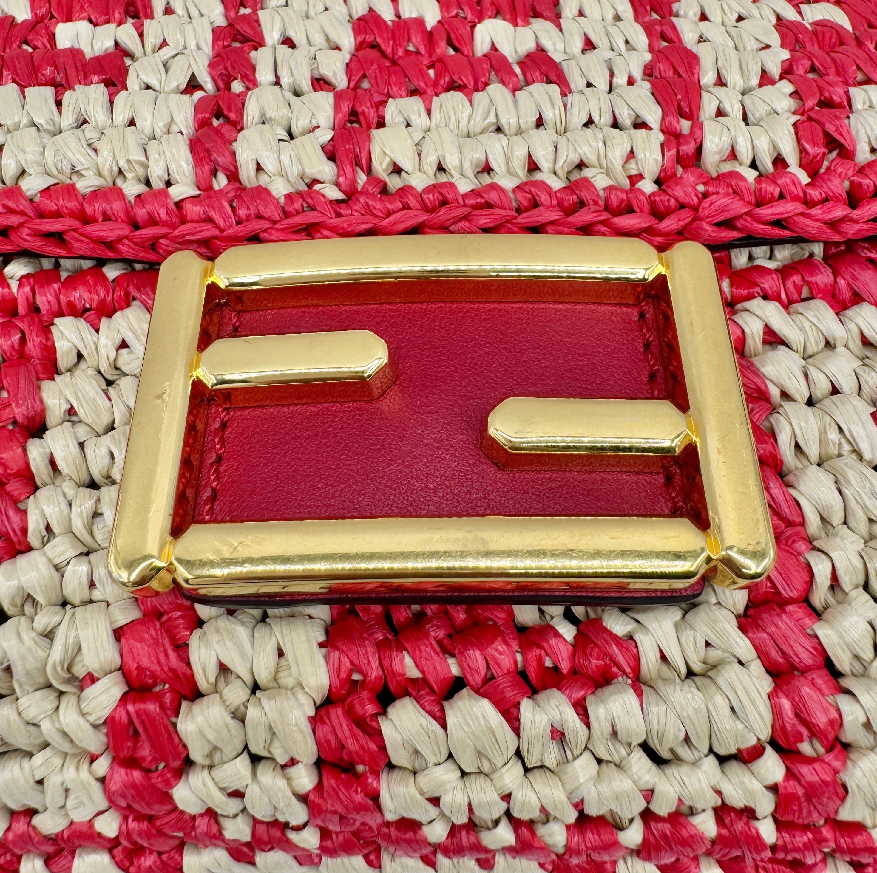 Fendi Red and Beige FF Raffia Baguette
