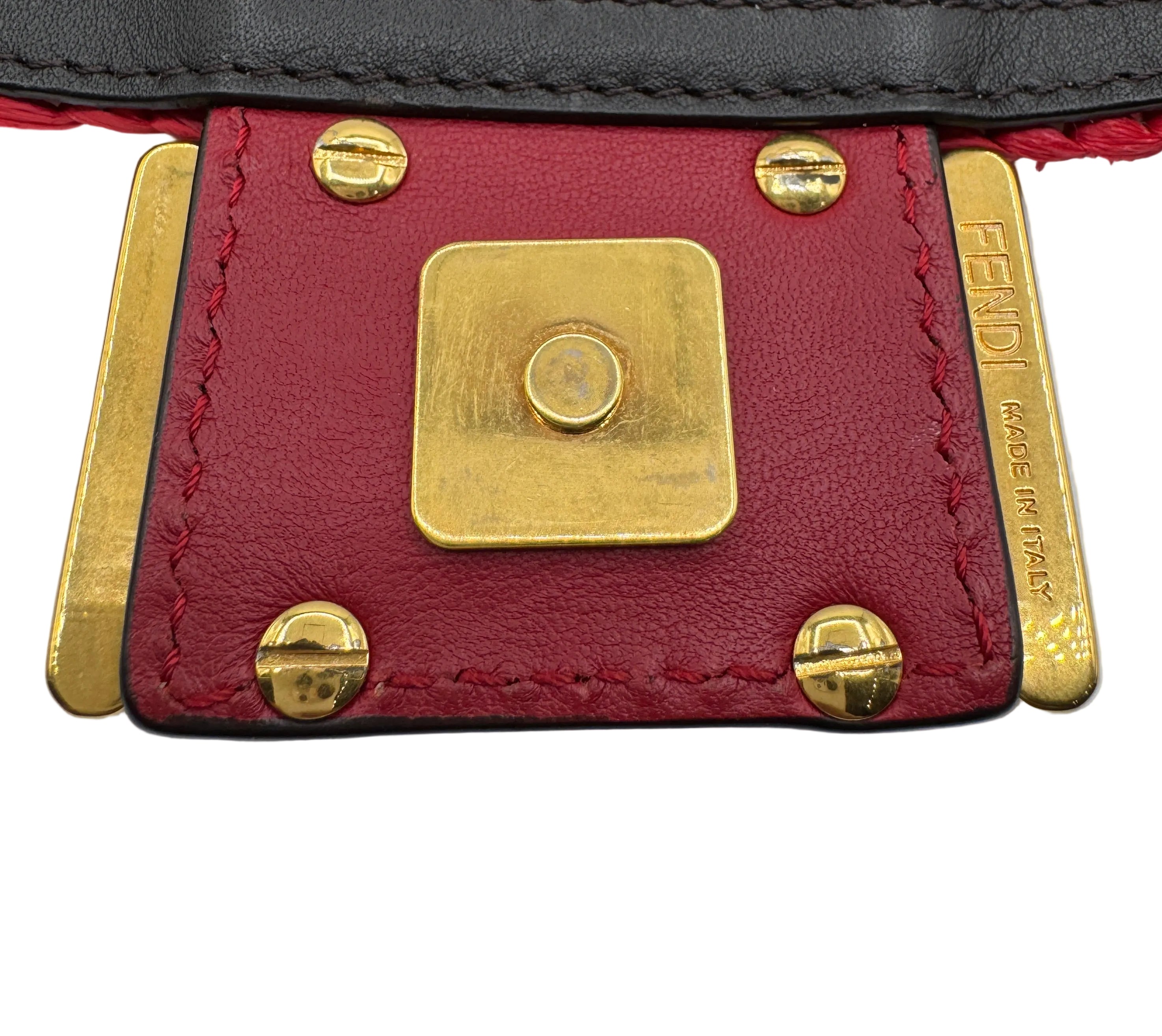 Fendi Red and Beige FF Raffia Baguette