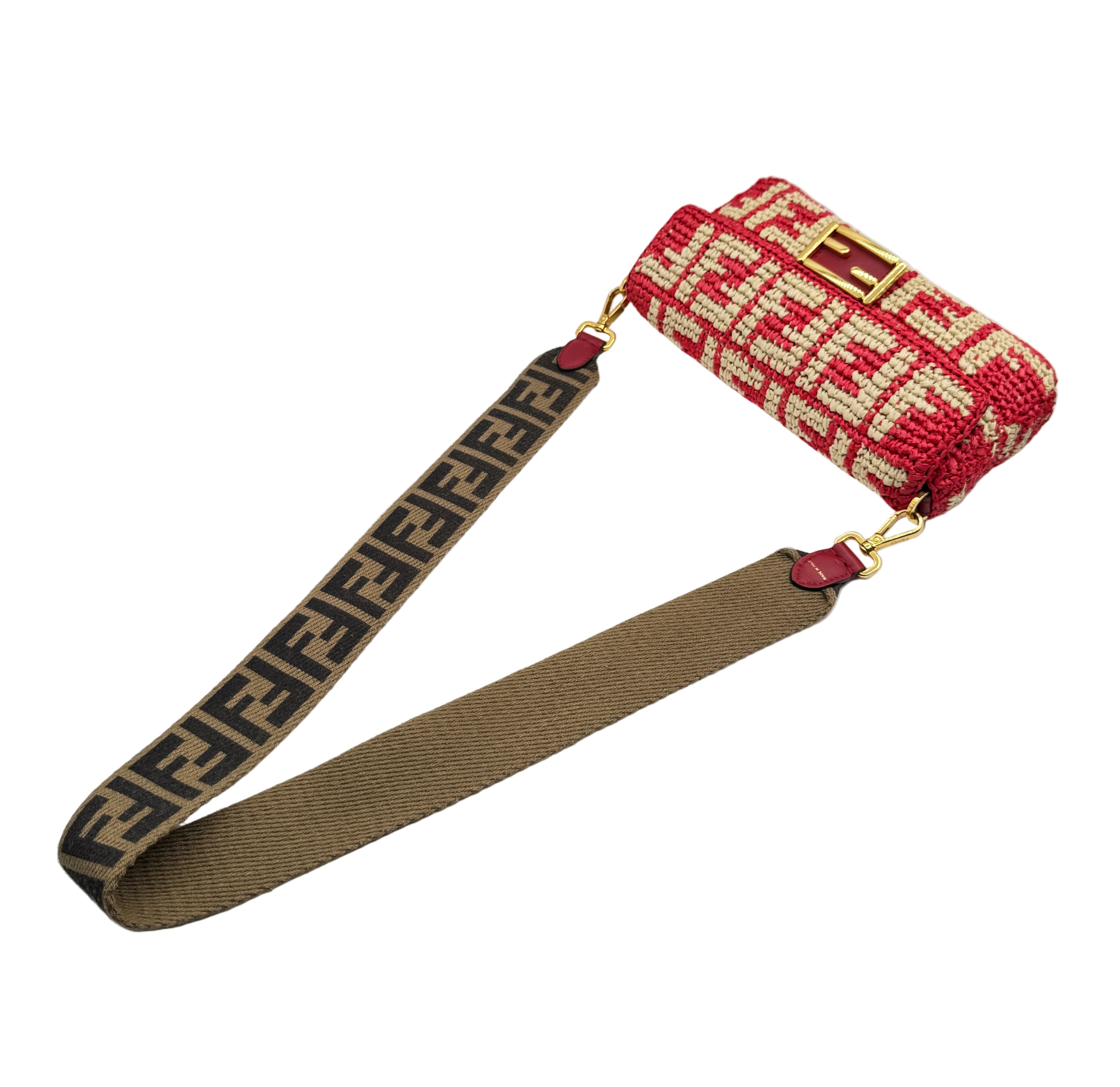 Fendi Red and Beige FF Raffia Baguette