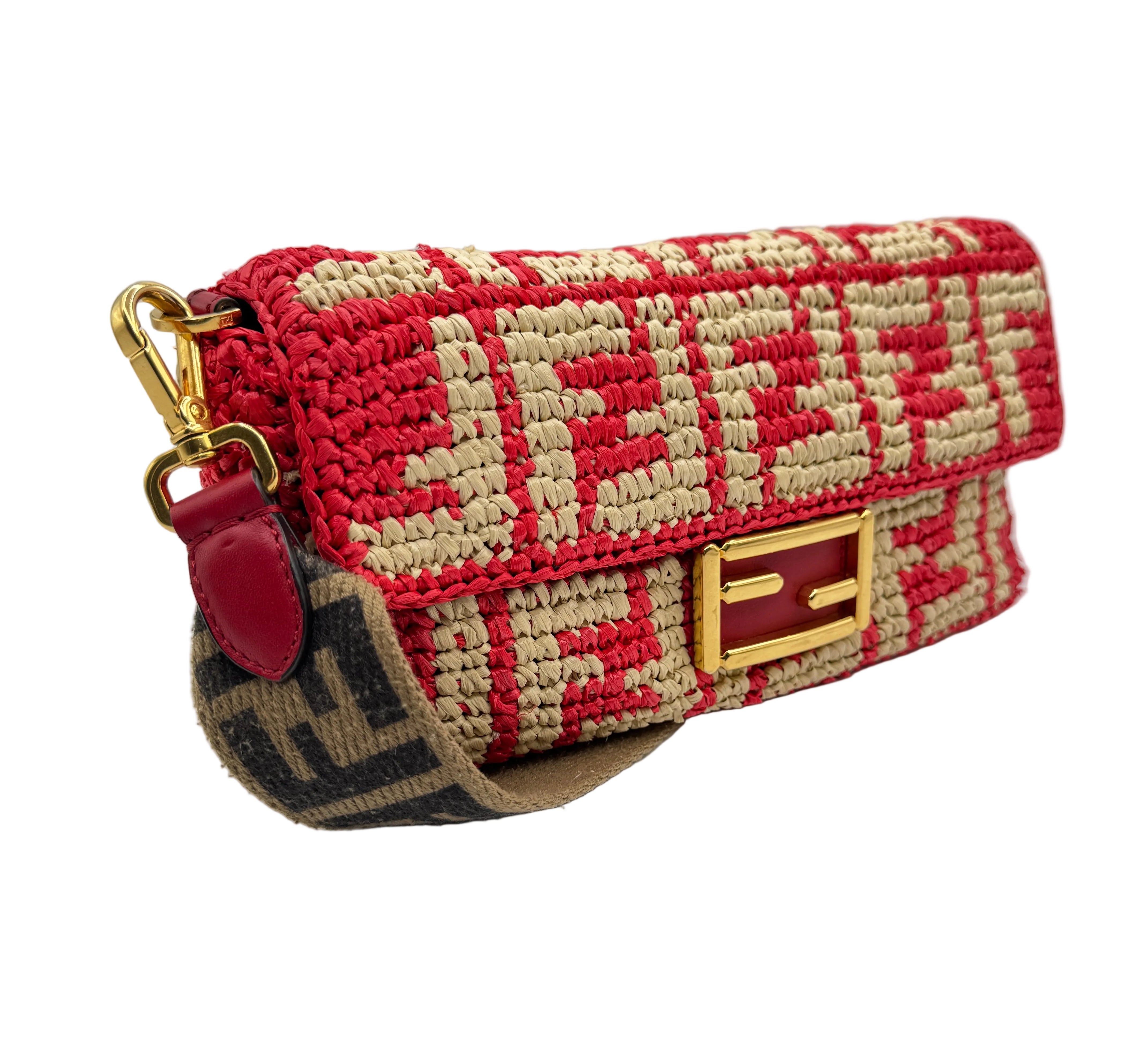 Fendi Red and Beige FF Raffia Baguette