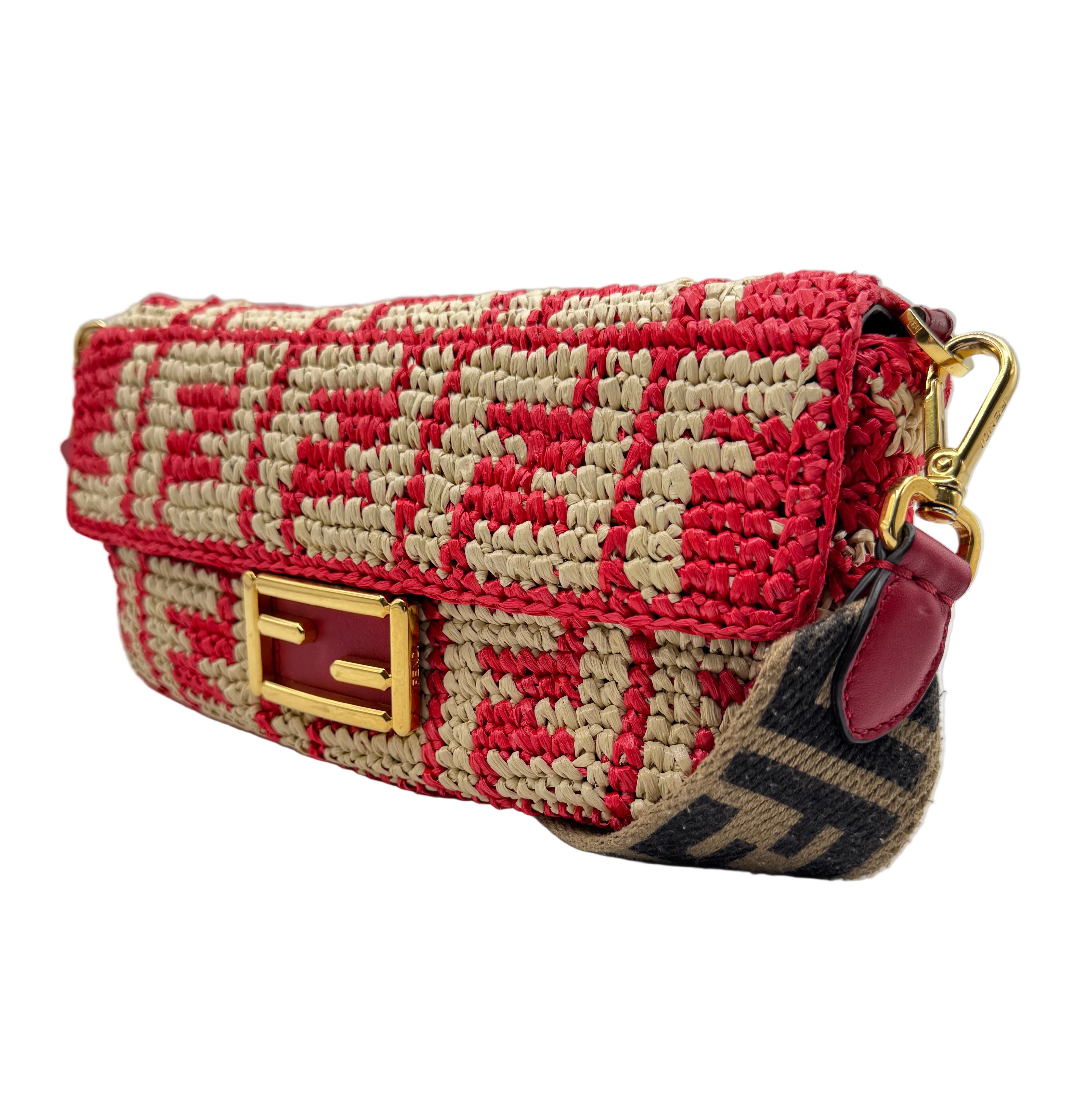 Fendi Red and Beige FF Raffia Baguette