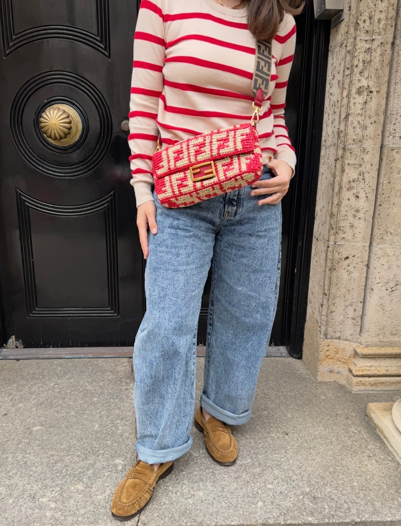 Fendi Red and Beige FF Raffia Baguette