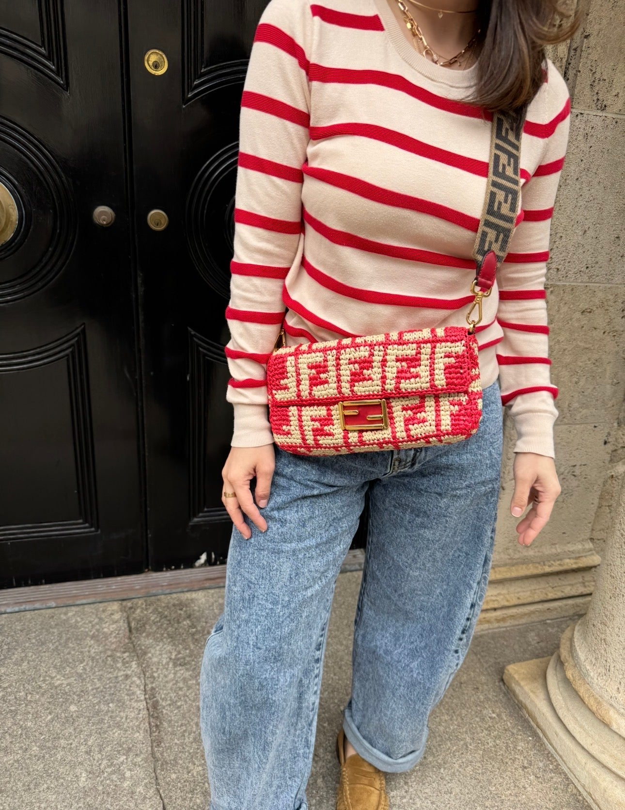 Fendi Red and Beige FF Raffia Baguette