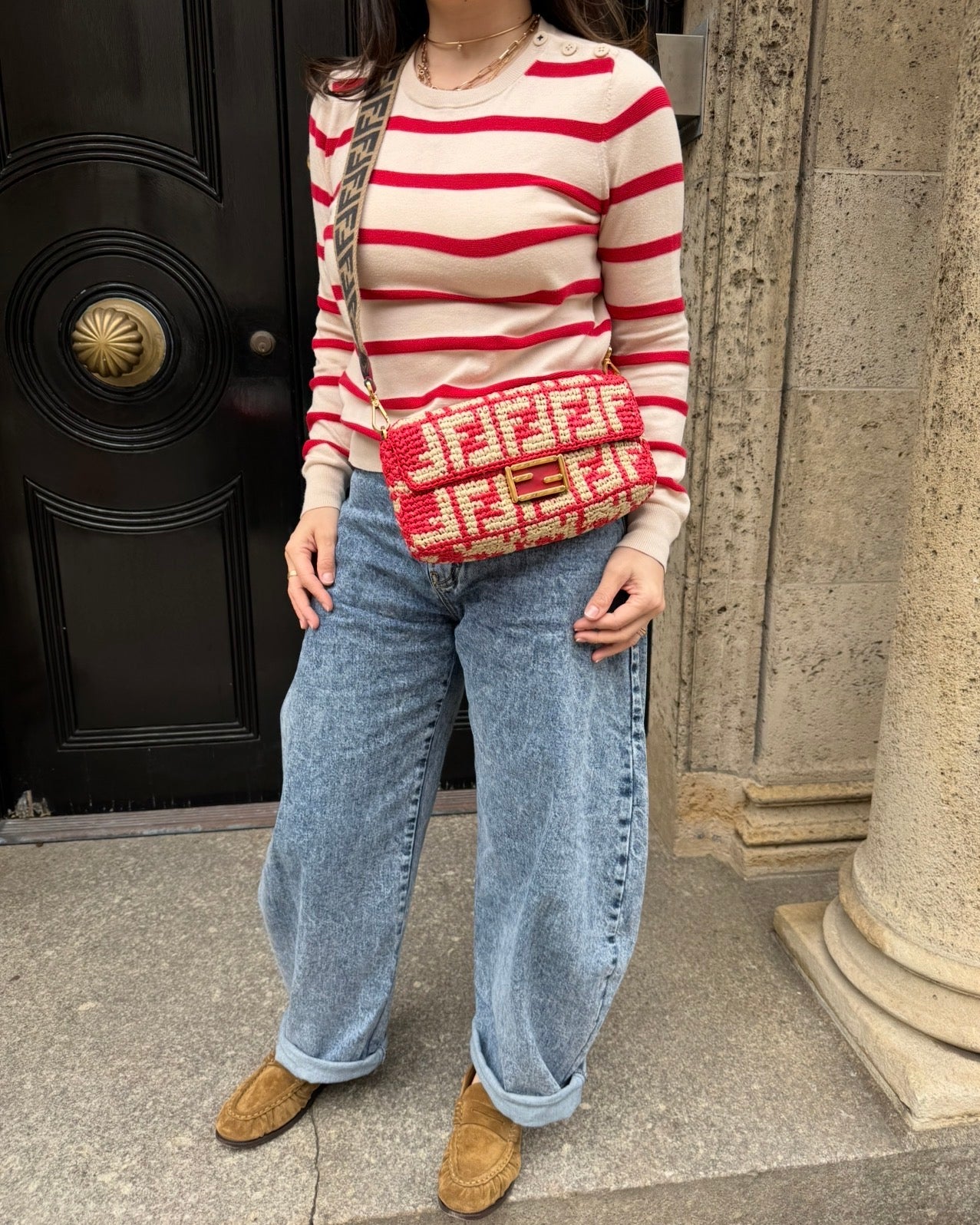 Fendi Red and Beige FF Raffia Baguette