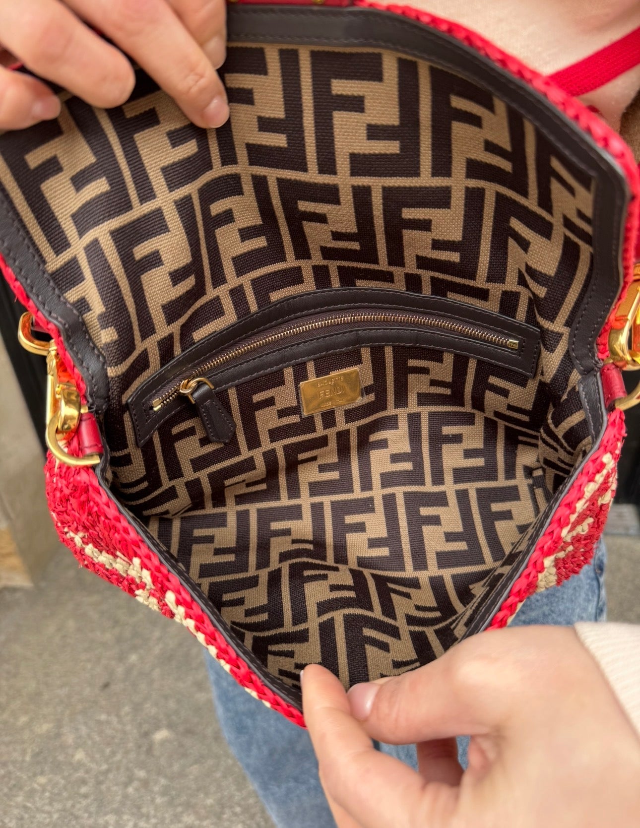 Fendi Red and Beige FF Raffia Baguette