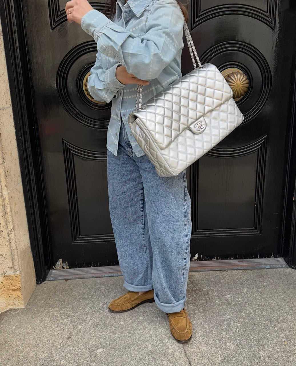 CHANEL Silver Metallic XXL Lambskin Flapbag