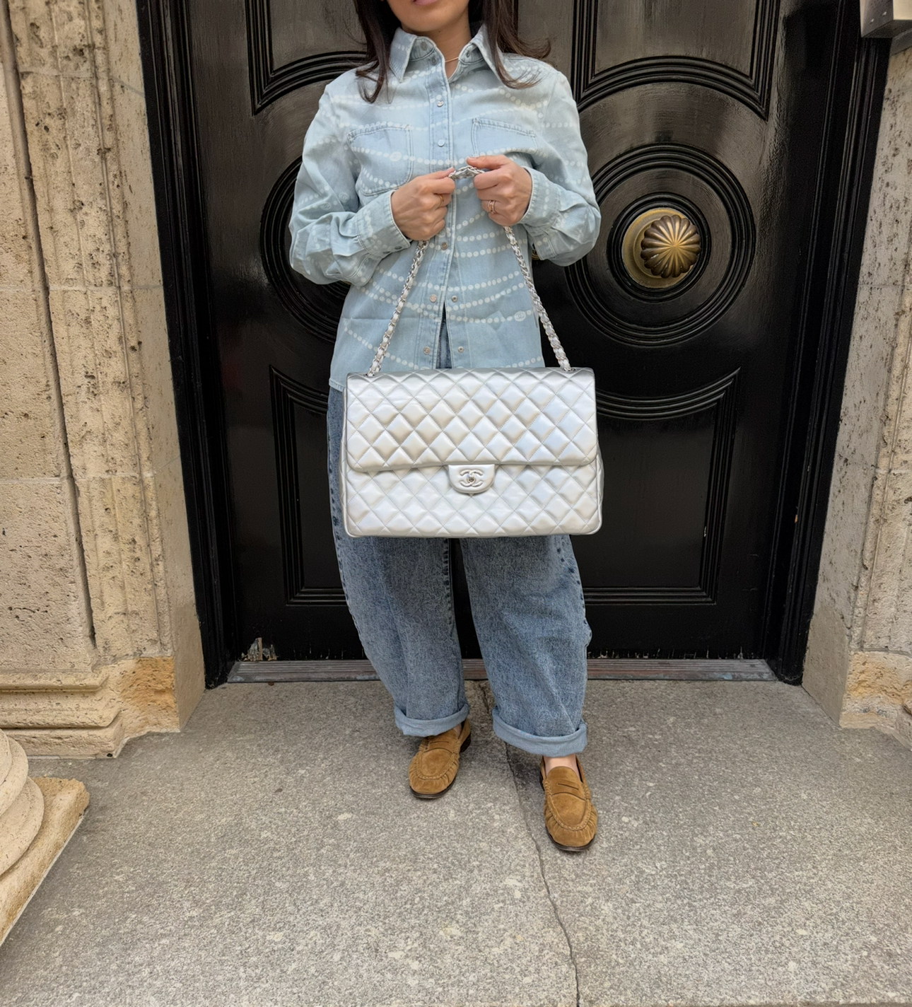 CHANEL Silver Metallic XXL Lambskin Flapbag