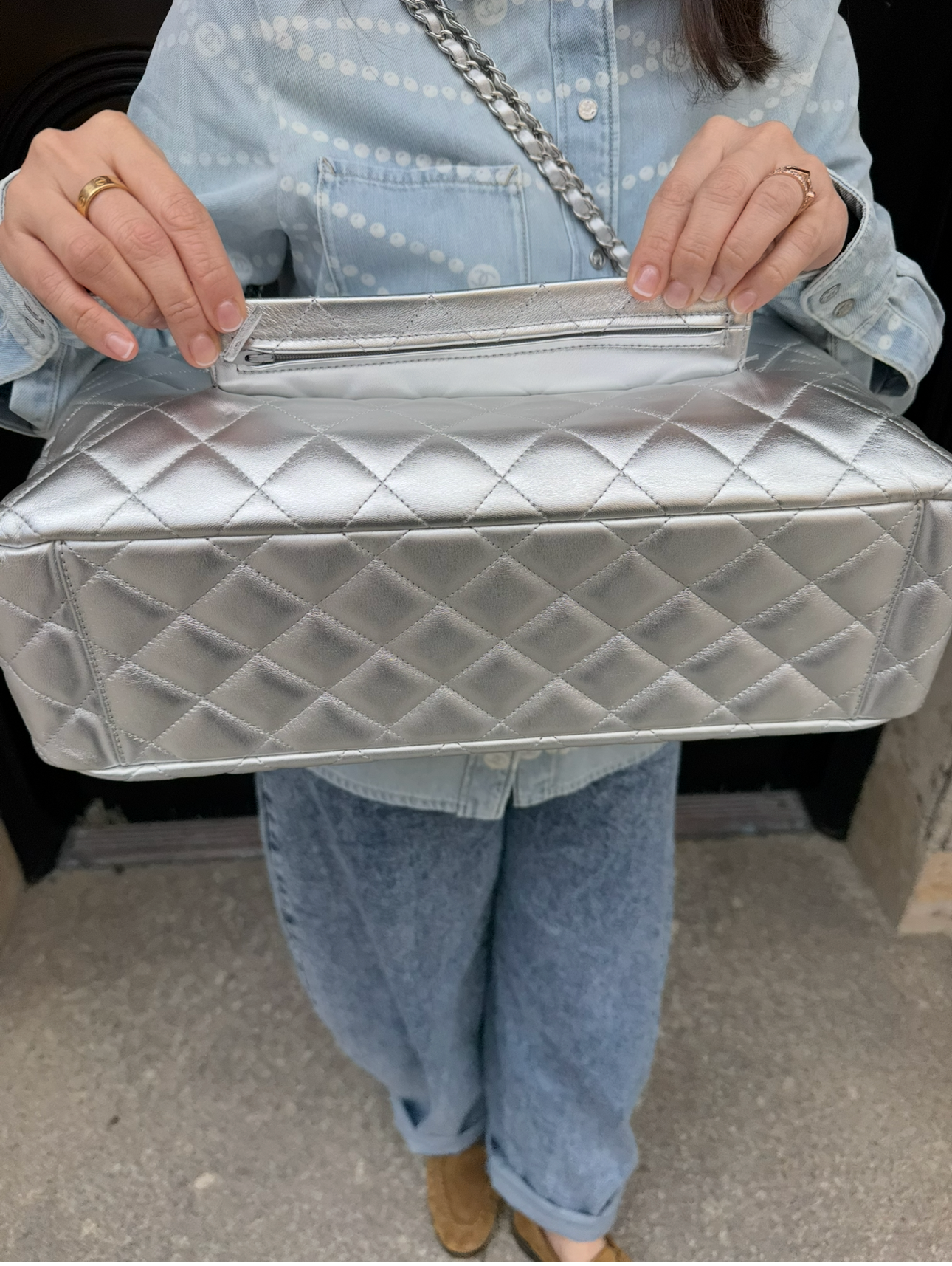 CHANEL Silver Metallic XXL Lambskin Flapbag
