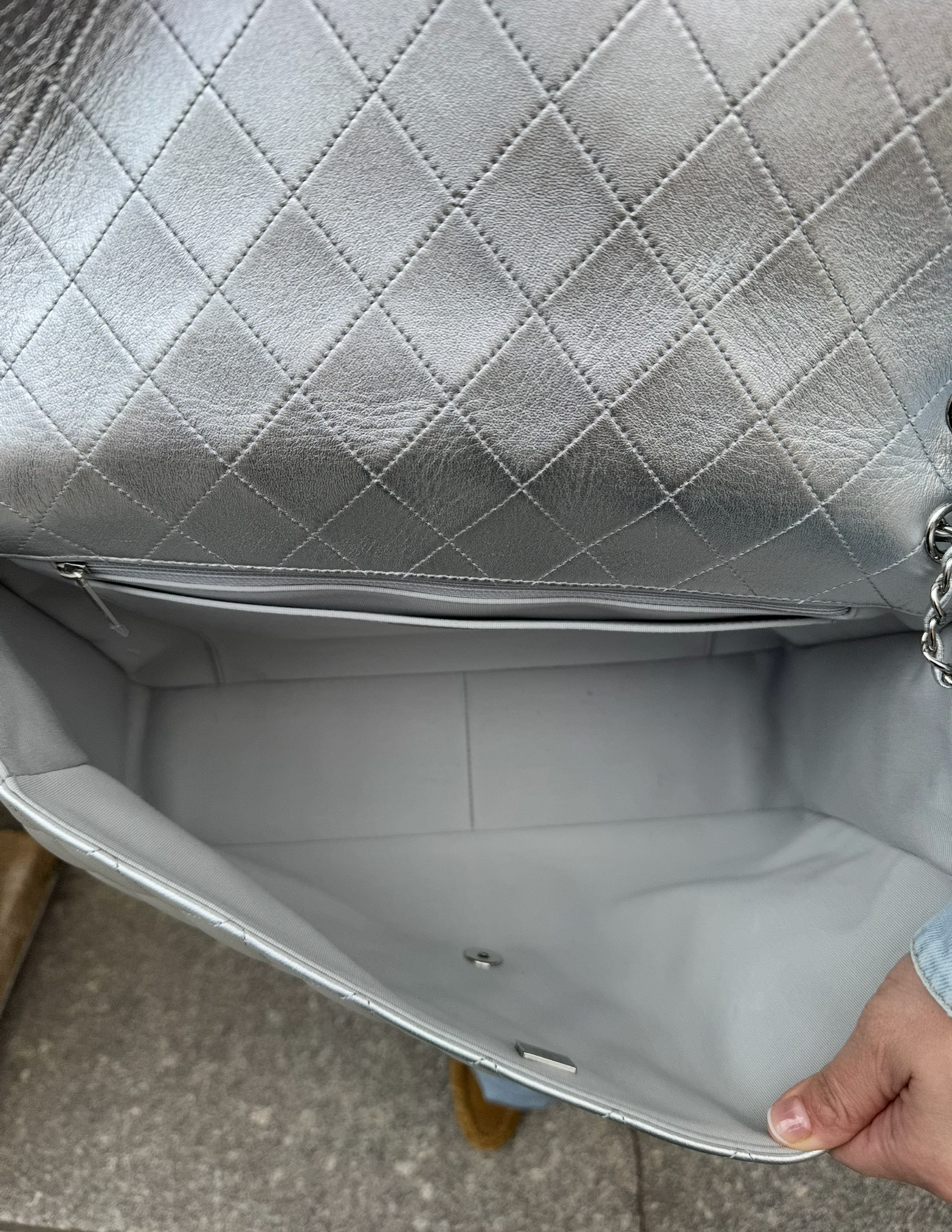 CHANEL Silver Metallic XXL Lambskin Flapbag