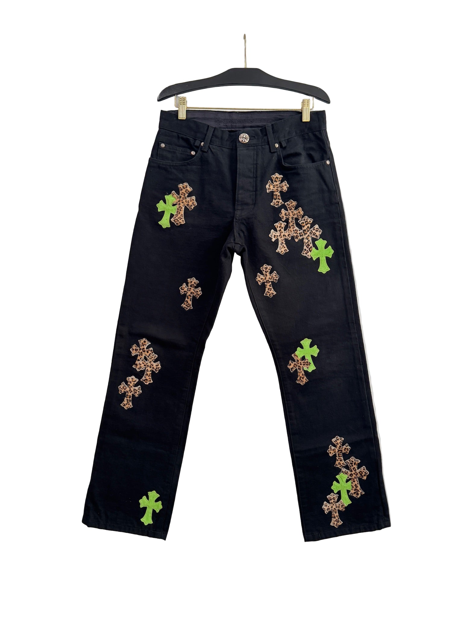 Chrome Hearts Black Jeans with Green and Leopard Print Cross Patches